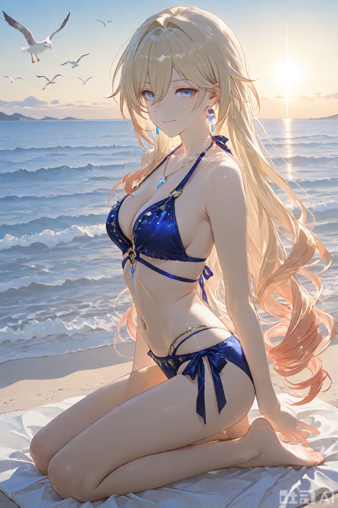 Masterpiece, (Exquisite Wallpaper Art: 1), (Bianka "Durandal" Ataegina from Honkai: Star Rail: 1), Front View, Breathtaking Coastal Scenery – golden sandy beach stretching to the horizon, soft waves lapping the shore with glistening foam, warm golden sunlight filtering through the air, distant seagulls gliding over the sea. 1 Elegant Young Woman with striking presence: long, silky platinum-blonde hair cascading over her shoulders and down to her lower back, strands tousled gently by the sea breeze, subtle sun-kissed highlights at the ends; ice-blue eyes (classic trait of Bianka) with sharp, piercing gaze that holds a hint of noble disdain, eyelashes slightly curled, a faint smirk curving her lips – playful yet composed. Clad in a provocative yet elegant bikini swimsuit: top with tied straps and delicate beaded embroidery along the edges, bottom with a high-cut design accented by golden sequins that catch the light; detailed close-up of the swimwear reveals texture – smooth satin fabric blending with subtle metallic sheen. Bare feet resting gently on warm, fine sand: toes slightly splayed, sand grains clinging softly to the soles. Graceful kneeling pose: one knee bent, left leg extended slightly behind, hips tilted to the side, back straight – showcasing her balanced, athletic figure; full-body composition emphasizing her proportional beauty: slender waist, defined shoulders, long legs that flow seamlessly from the hip. Sophisticated mature beauty with impeccable proportions: skin with a healthy glow, collarbones subtly defined, arms toned but not overly muscular; presence that commands attention – a blend of warrior-like poise and feminine elegance.