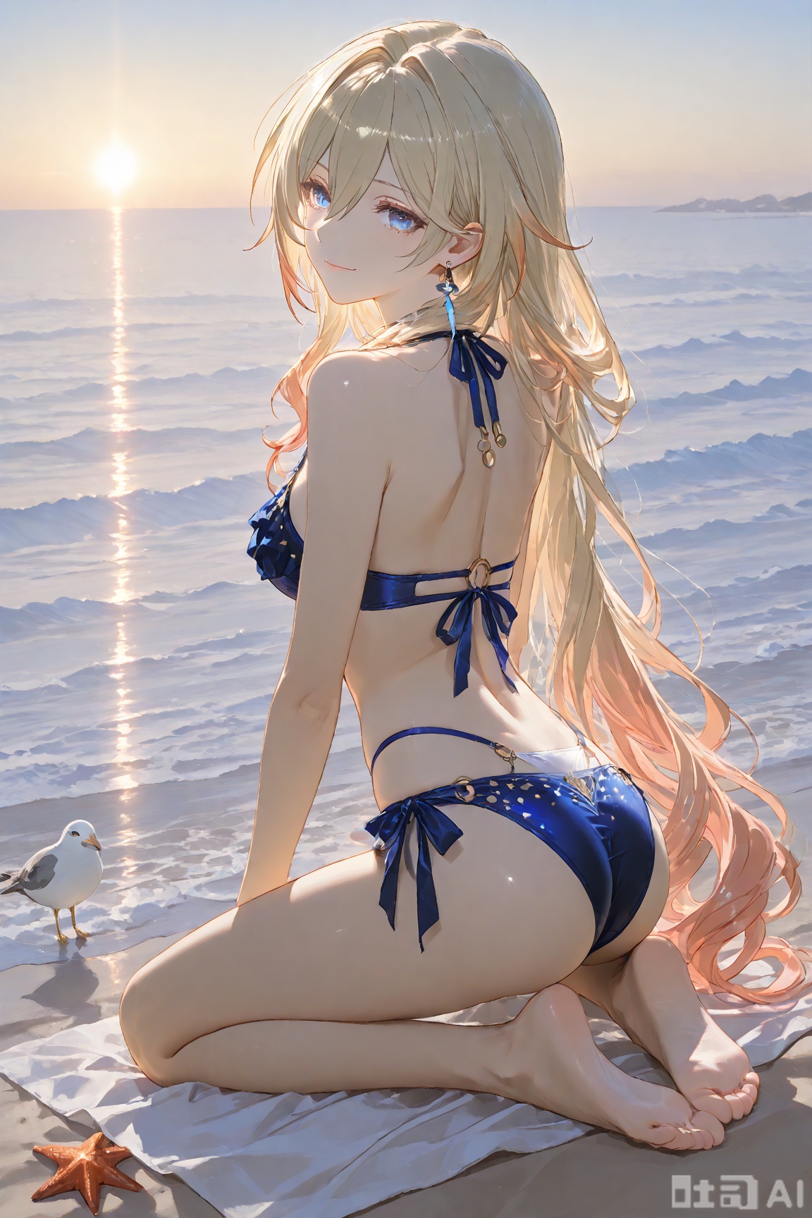 Masterpiece, (Exquisite Wallpaper Art: 1), (Bianka "Durandal" Ataegina from Honkai: Star Rail: 1), Front View, Breathtaking Coastal Scenery – golden sandy beach stretching to the horizon, soft waves lapping the shore with glistening foam, warm golden sunlight filtering through the air, distant seagulls gliding over the sea. 1 Elegant Young Woman with striking presence: long, silky platinum-blonde hair cascading over her shoulders and down to her lower back, strands tousled gently by the sea breeze, subtle sun-kissed highlights at the ends; ice-blue eyes (classic trait of Bianka) with sharp, piercing gaze that holds a hint of noble disdain, eyelashes slightly curled, a faint smirk curving her lips – playful yet composed. Clad in a provocative yet elegant bikini swimsuit: top with tied straps and delicate beaded embroidery along the edges, bottom with a high-cut design accented by golden sequins that catch the light; detailed close-up of the swimwear reveals texture – smooth satin fabric blending with subtle metallic sheen. Bare feet resting gently on warm, fine sand: toes slightly splayed, sand grains clinging softly to the soles. Graceful kneeling pose: one knee bent, left leg extended slightly behind, hips tilted to the side, back straight – showcasing her balanced, athletic figure; full-body composition emphasizing her proportional beauty: slender waist, defined shoulders, long legs that flow seamlessly from the hip. Sophisticated mature beauty with impeccable proportions: skin with a healthy glow, collarbones subtly defined, arms toned but not overly muscular; presence that commands attention – a blend of warrior-like poise and feminine elegance.