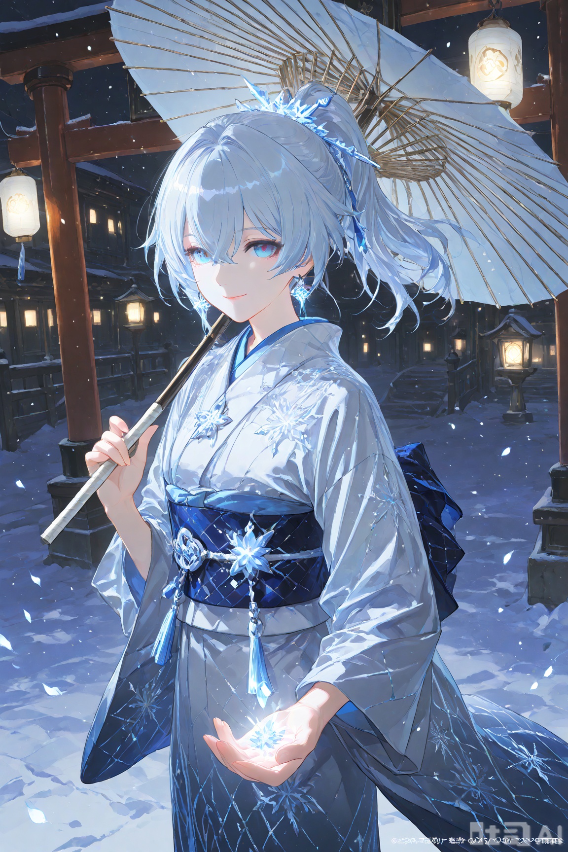 Masterpiece Wallpaper Art​A close-up front view of Seriya (from Honkai Impact 3rd 洪海冲击3) in a snow-covered traditional Japanese street scene, where stone paths are flanked by wooden townhouses adorned with ice-crystal-encrusted azure-white paper lanterns, and frost-laden sakura petals drift from the eaves. Her silver-white hair, tied high in a ponytail, is interwoven with crystalline ice strands, and she wears an azure-white stand-collar kimono embroidered with intricate frost patterns, its silk fabric shimmering with pearl-like luster. A silver obi belt, edged with snowflake-etched golden ornaments, cinches her waist. In her hand, she holds a paper umbrella veiled in frost, its surface dusted with thin ice crystals, while her ice-blue eyes—with irises textured like snowflakes—gaze sharply through the falling snow, lips pressed into an elegant, slightly upturned smile. Enhanced details include her kimono hem’s elongated shadow, fringed with fractal ice particles; frozen sakura petals refracting rainbow light at the umbrella’s spokes; prismatic glimmers on the silk fabric from the lantern glow; and a distant frozen torii gate ruin in the background. The style is an anime-inspired illustration with a 16:9 aspect ratio, dominated by a crystal-blue-and-white color palette accented with pearl tones, under dramatic volumetric snow lighting with subtle glow effects.