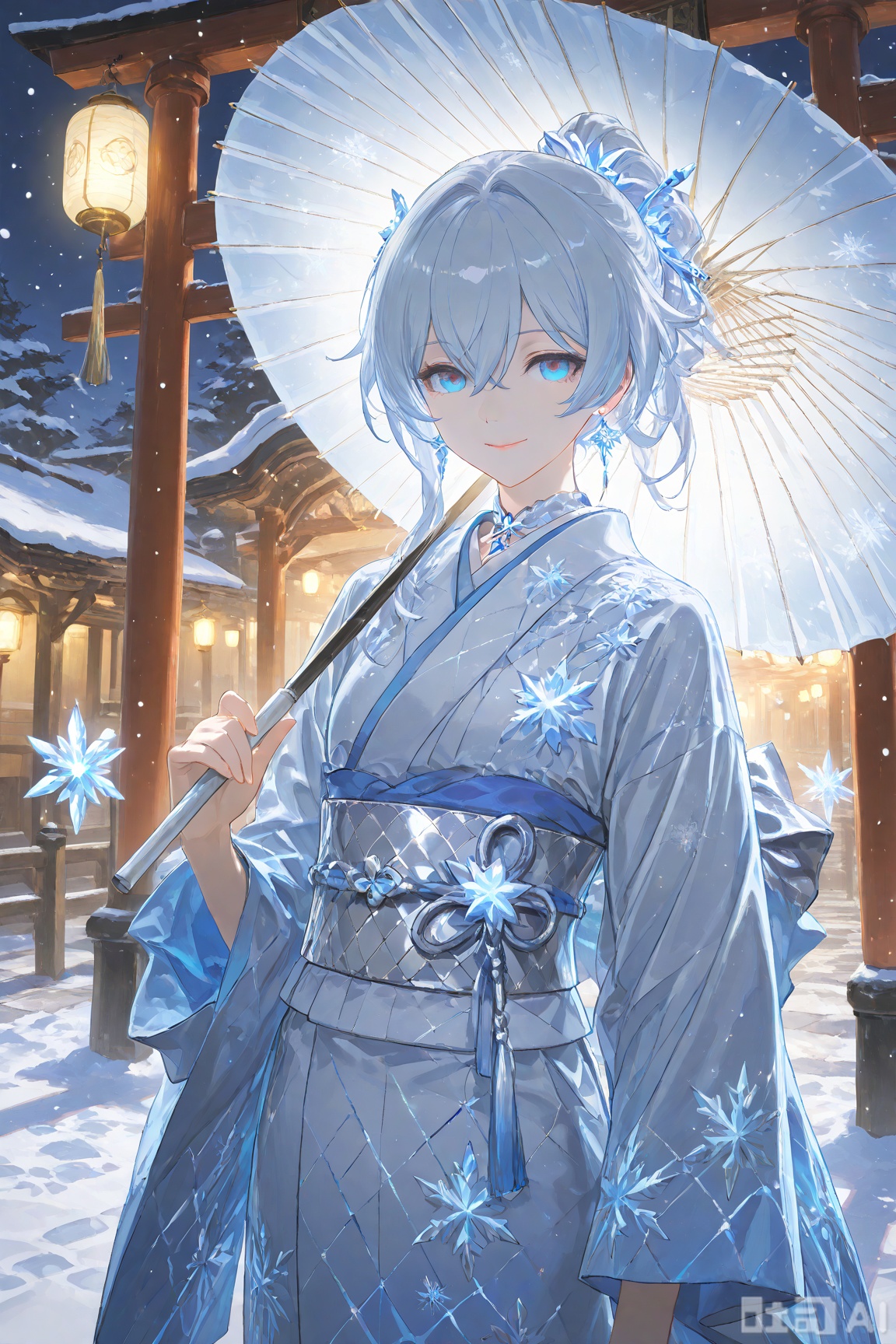 Masterpiece Wallpaper Art​A close-up front view of Seriya (from Honkai Impact 3rd 洪海冲击3) in a snow-covered traditional Japanese street scene, where stone paths are flanked by wooden townhouses adorned with ice-crystal-encrusted azure-white paper lanterns, and frost-laden sakura petals drift from the eaves. Her silver-white hair, tied high in a ponytail, is interwoven with crystalline ice strands, and she wears an azure-white stand-collar kimono embroidered with intricate frost patterns, its silk fabric shimmering with pearl-like luster. A silver obi belt, edged with snowflake-etched golden ornaments, cinches her waist. In her hand, she holds a paper umbrella veiled in frost, its surface dusted with thin ice crystals, while her ice-blue eyes—with irises textured like snowflakes—gaze sharply through the falling snow, lips pressed into an elegant, slightly upturned smile. Enhanced details include her kimono hem’s elongated shadow, fringed with fractal ice particles; frozen sakura petals refracting rainbow light at the umbrella’s spokes; prismatic glimmers on the silk fabric from the lantern glow; and a distant frozen torii gate ruin in the background. The style is an anime-inspired illustration with a 16:9 aspect ratio, dominated by a crystal-blue-and-white color palette accented with pearl tones, under dramatic volumetric snow lighting with subtle glow effects.