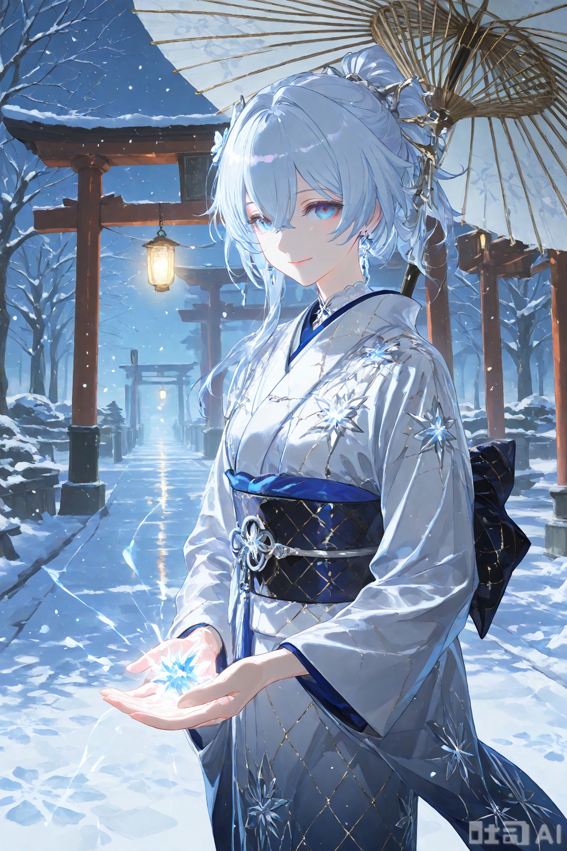 Masterpiece Wallpaper Art​A close-up front view of Seriya (from Honkai Impact 3rd 洪海冲击3) in a snow-covered traditional Japanese street scene, where stone paths are flanked by wooden townhouses adorned with ice-crystal-encrusted azure-white paper lanterns, and frost-laden sakura petals drift from the eaves. Her silver-white hair, tied high in a ponytail, is interwoven with crystalline ice strands, and she wears an azure-white stand-collar kimono embroidered with intricate frost patterns, its silk fabric shimmering with pearl-like luster. A silver obi belt, edged with snowflake-etched golden ornaments, cinches her waist. In her hand, she holds a paper umbrella veiled in frost, its surface dusted with thin ice crystals, while her ice-blue eyes—with irises textured like snowflakes—gaze sharply through the falling snow, lips pressed into an elegant, slightly upturned smile. Enhanced details include her kimono hem’s elongated shadow, fringed with fractal ice particles; frozen sakura petals refracting rainbow light at the umbrella’s spokes; prismatic glimmers on the silk fabric from the lantern glow; and a distant frozen torii gate ruin in the background. The style is an anime-inspired illustration with a 16:9 aspect ratio, dominated by a crystal-blue-and-white color palette accented with pearl tones, under dramatic volumetric snow lighting with subtle glow effects.