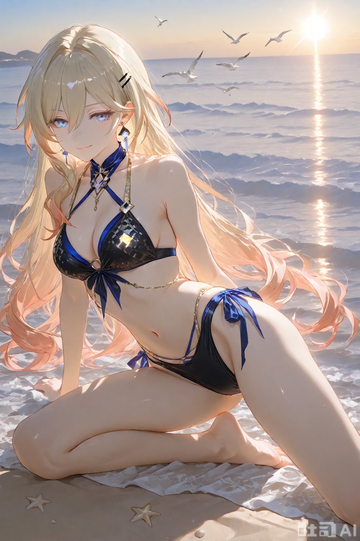 Masterpiece, (Exquisite Wallpaper Art: 1), (Bianka "Durandal" Ataegina from Honkai: Star Rail: 1), Front View, Breathtaking Coastal Scenery – golden sandy beach stretching to the horizon, soft waves lapping the shore with glistening foam, warm golden sunlight filtering through the air, distant seagulls gliding over the sea. 1 Elegant Young Woman with striking presence: long, silky platinum-blonde hair cascading over her shoulders and down to her lower back, strands tousled gently by the sea breeze, subtle sun-kissed highlights at the ends; ice-blue eyes (classic trait of Bianka) with sharp, piercing gaze that holds a hint of noble disdain, eyelashes slightly curled, a faint smirk curving her lips – playful yet composed. Clad in a provocative yet elegant bikini swimsuit: top with tied straps and delicate beaded embroidery along the edges, bottom with a high-cut design accented by golden sequins that catch the light; detailed close-up of the swimwear reveals texture – smooth satin fabric blending with subtle metallic sheen. Bare feet resting gently on warm, fine sand: toes slightly splayed, sand grains clinging softly to the soles. Graceful kneeling pose: one knee bent, left leg extended slightly behind, hips tilted to the side, back straight – showcasing her balanced, athletic figure; full-body composition emphasizing her proportional beauty: slender waist, defined shoulders, long legs that flow seamlessly from the hip. Sophisticated mature beauty with impeccable proportions: skin with a healthy glow, collarbones subtly defined, arms toned but not overly muscular; presence that commands attention – a blend of warrior-like poise and feminine elegance.