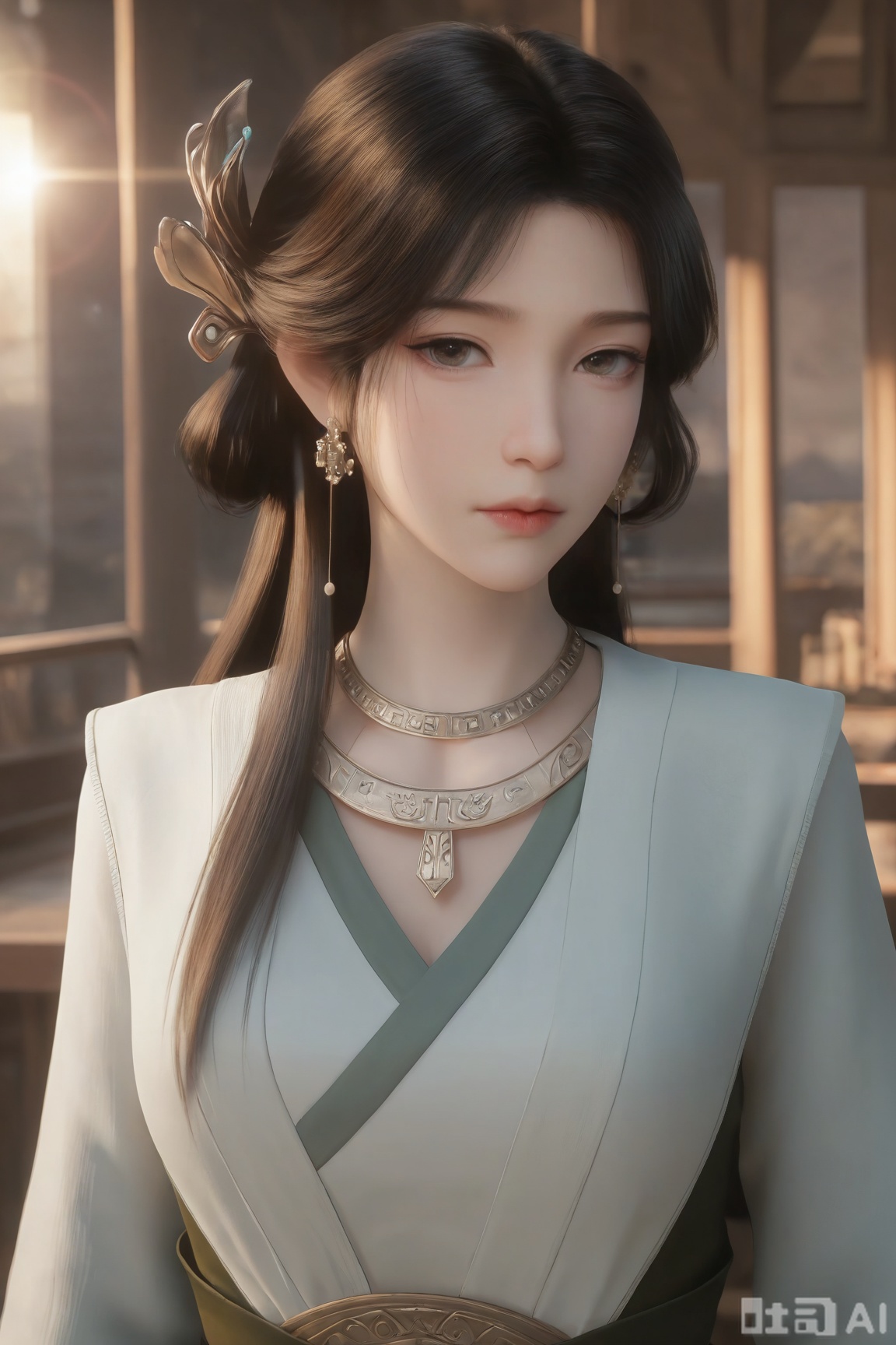 1girl, solo, long hair, looking at viewer, brown hair, black hair, hair ornament, jewelry, closed mouth, upper body, earrings,necklace,, expressionless,indoors,Semi_Realistic,
masterpiece, 8k, hd, amazing quality, best quality, high resolution, goldenfieldszho, newest, very aesthetic, ultra-detailed, absurdres, perfect lighting, volumetric lighting, (good shadowing), depth of field, lens flare, scenery, amazing aesthetics, cinematic lighting, cinematic, shading, counter_shading, ,handsome,interesting,good colors, 