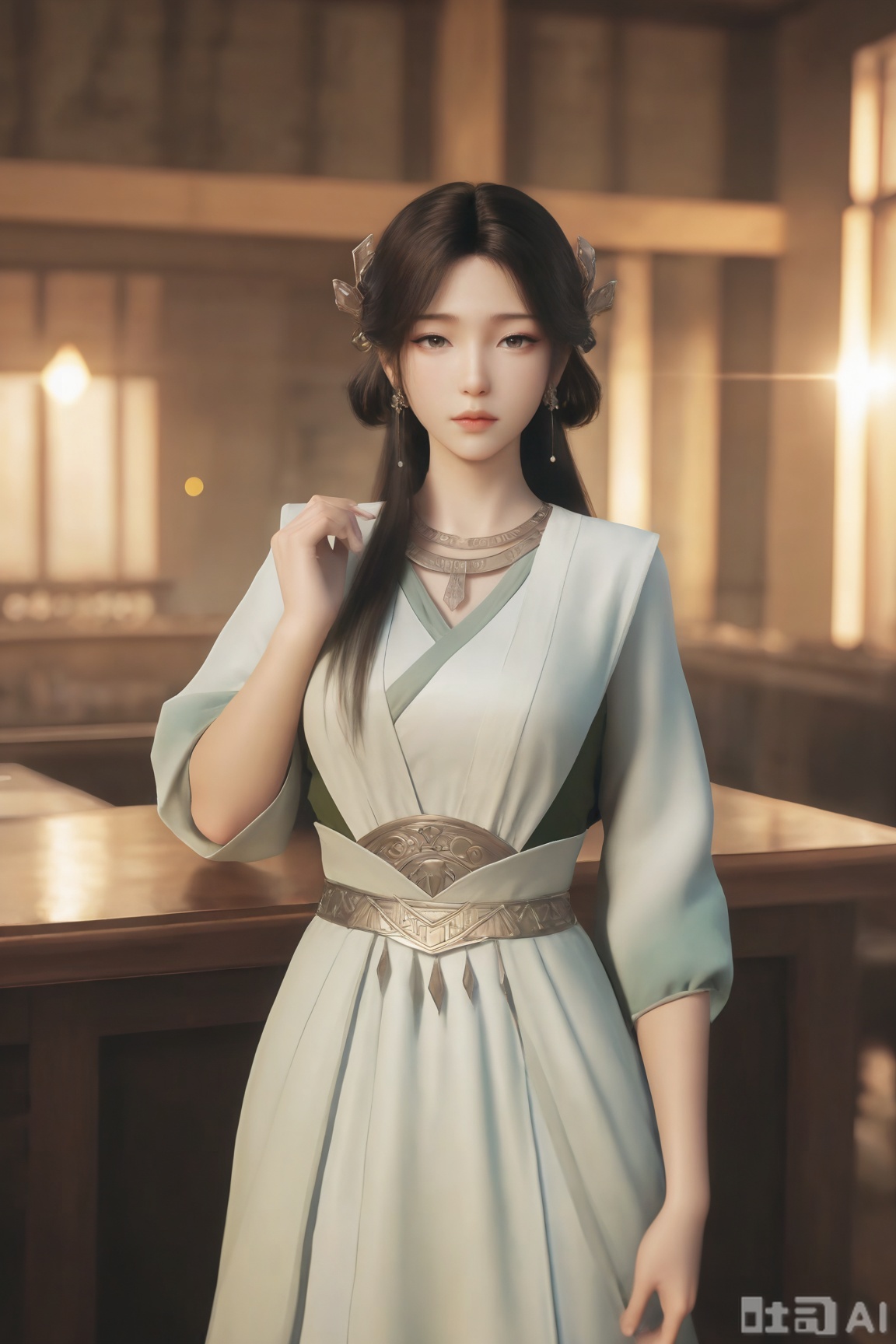 1girl, solo, long hair, looking at viewer, brown hair, black hair, hair ornament, dress, lips, expressionless,indoors,Semi_Realistic,
masterpiece, 8k, hd, amazing quality, best quality, high resolution, goldenfieldszho, newest, very aesthetic, ultra-detailed, absurdres, perfect lighting, volumetric lighting, (good shadowing), depth of field, lens flare, scenery, amazing aesthetics, cinematic lighting, cinematic, shading, counter_shading, ,handsome,interesting,good colors, 