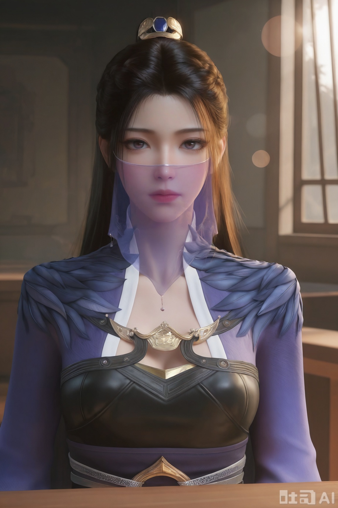 1girl, solo, long hair, looking at viewer, brown hair, black hair, hair ornament, dress, sitting, upper body, lips,mouth veil, expressionless,indoors,Semi_Realistic,
masterpiece, 8k, hd, amazing quality, best quality, high resolution, goldenfieldszho, newest, very aesthetic, ultra-detailed, absurdres, perfect lighting, volumetric lighting, (good shadowing), depth of field, lens flare, scenery, amazing aesthetics, cinematic lighting, cinematic, shading, counter_shading, ,handsome,interesting,good colors, 