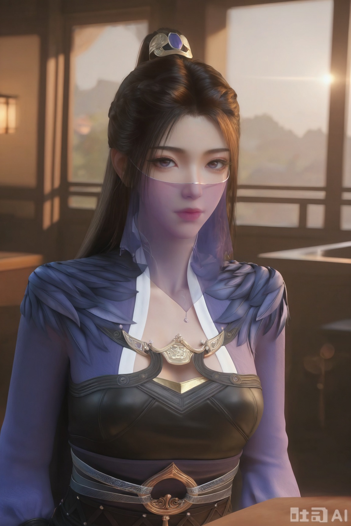 1girl, solo, long hair, looking at viewer, brown hair, black hair, hair ornament, dress, lips,mouth veil, expressionless,indoors,Semi_Realistic,
masterpiece, 8k, hd, amazing quality, best quality, high resolution, goldenfieldszho, newest, very aesthetic, ultra-detailed, absurdres, perfect lighting, volumetric lighting, (good shadowing), depth of field, lens flare, scenery, amazing aesthetics, cinematic lighting, cinematic, shading, counter_shading, ,handsome,interesting,good colors, 