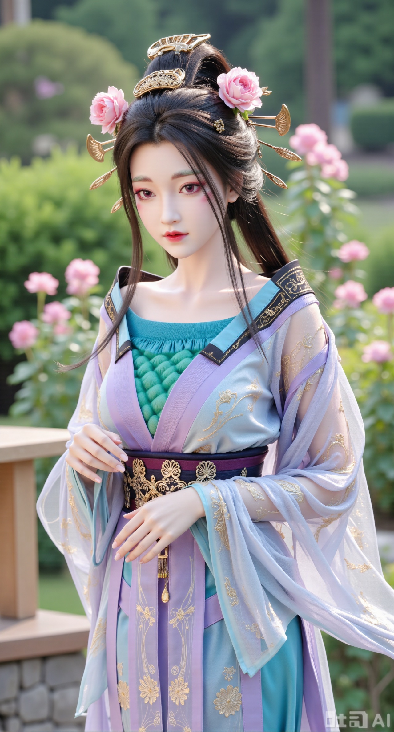 (masterpiece:1.2),best quality,,A woman adorned in traditional Chinese attire,featuring a flowing robe with intricate embroidery and floral accents. A garden filled with pink roses and lush greenery. Soft pastel hues of white,blue,and green,creating a serene atmosphere. Photorealistic photography.,,(huge breasts:2.99),(full breasts:2.99),Xbaozhiyinhuaqun,Xlonger,Xxiaoli,Xtangheziqun,Xyunyunshouban,Xfengmian,XluxueqishuiyiY