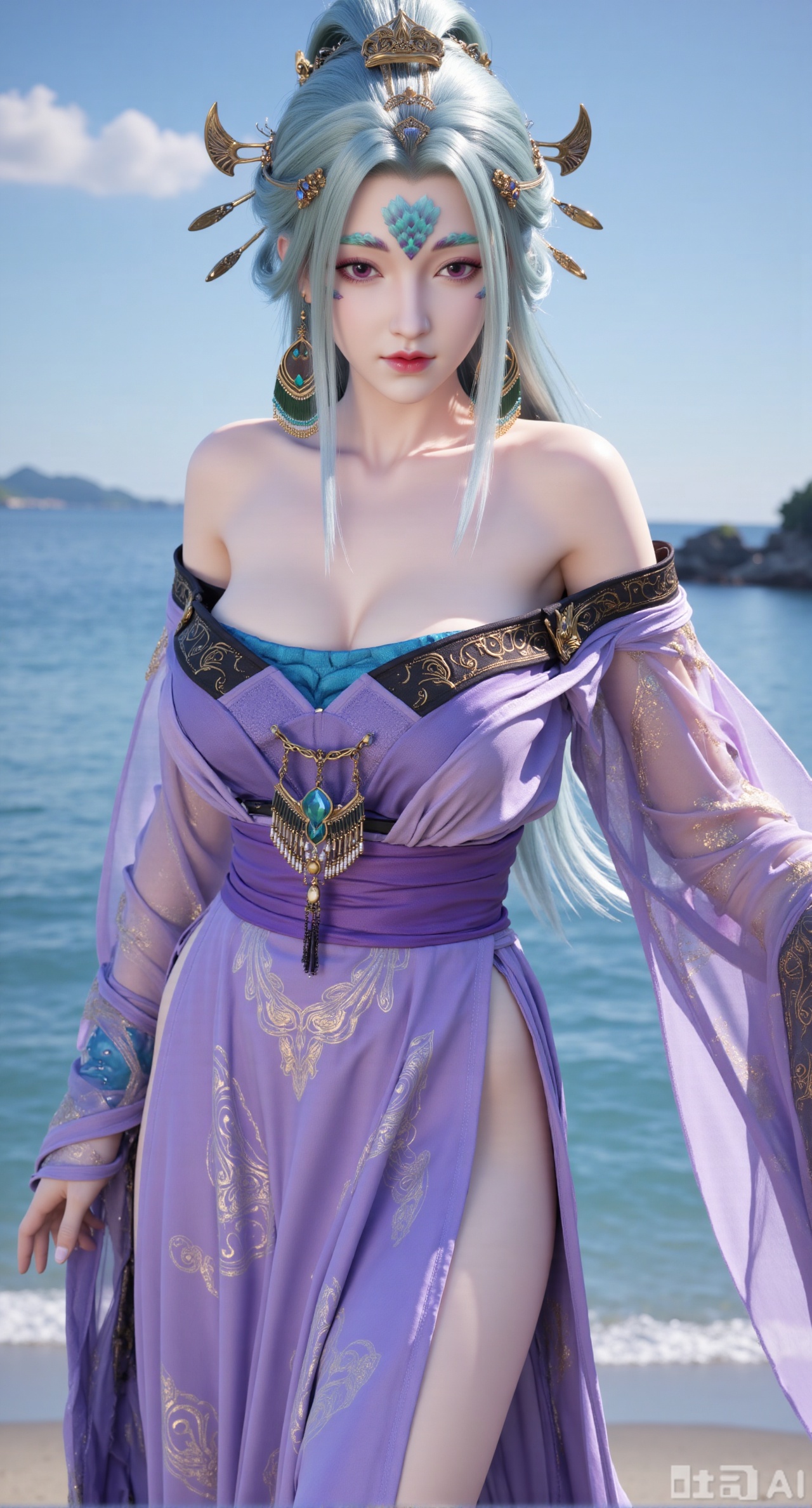 masterpiece, best quality, 1girl,solo,looking at viewer,( outdoor:1.3),sea,beach,realistic,midriff,bare shoulders,standting,hair ornament,long hair,jewelry,long dress,cowboy shot, (huge breasts, full breasts:2.69),Xbaozhiyinhuaqun,Xlonger,Xxiaoli,Xtangheziqun,Xyunyunshouban,Xfengmian,XluxueqishuiyiY