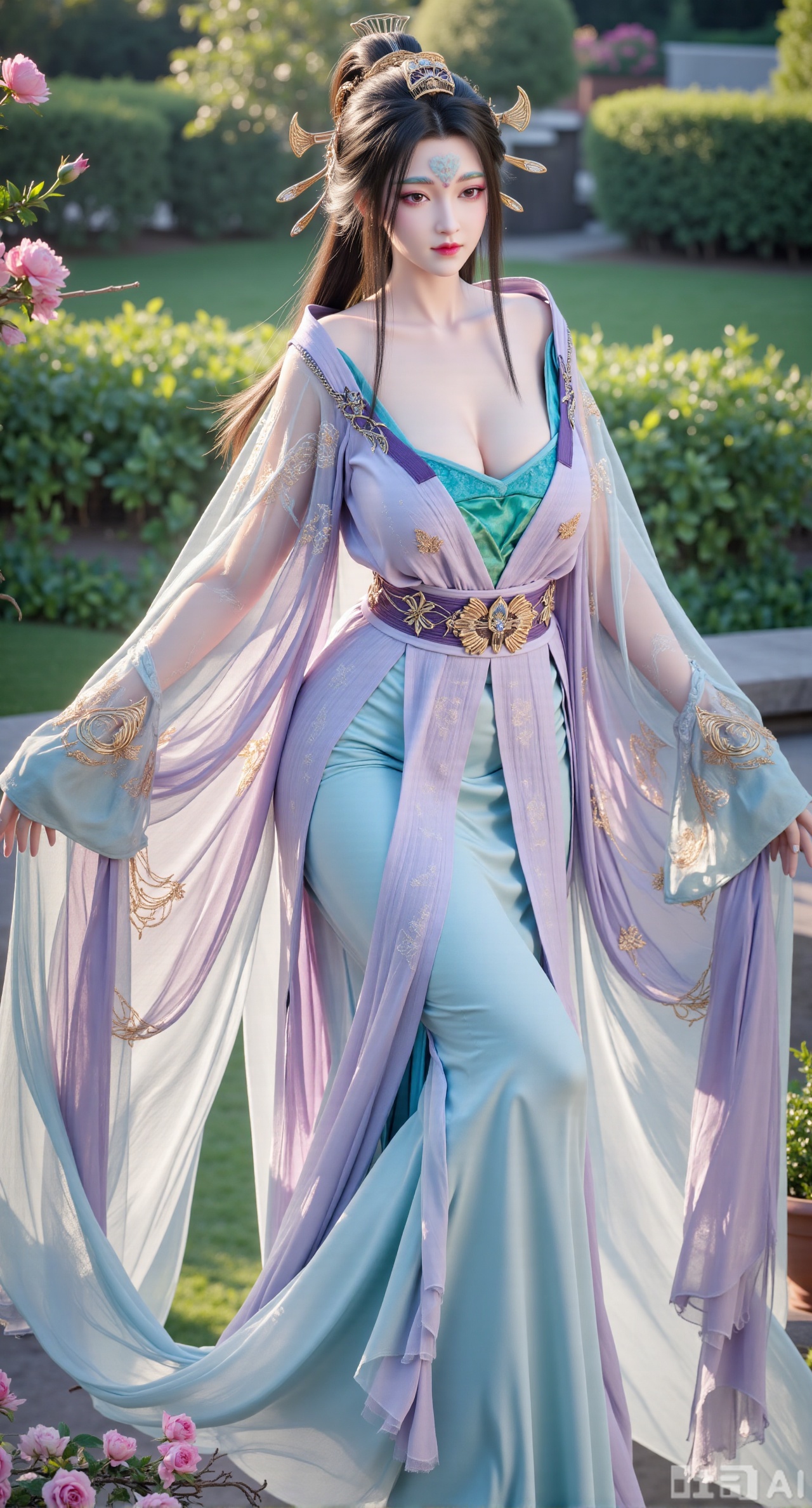 (masterpiece:1.2),best quality,,A woman adorned in traditional Chinese attire,featuring a flowing robe with intricate embroidery and floral accents. A garden filled with pink roses and lush greenery. Soft pastel hues of white,blue,and green,creating a serene atmosphere. Photorealistic photography.,,(huge breasts:2.99),(full breasts:2.99),Xbaozhiyinhuaqun,Xlonger,Xxiaoli,Xtangheziqun,Xyunyunshouban,Xfengmian,XluxueqishuiyiY