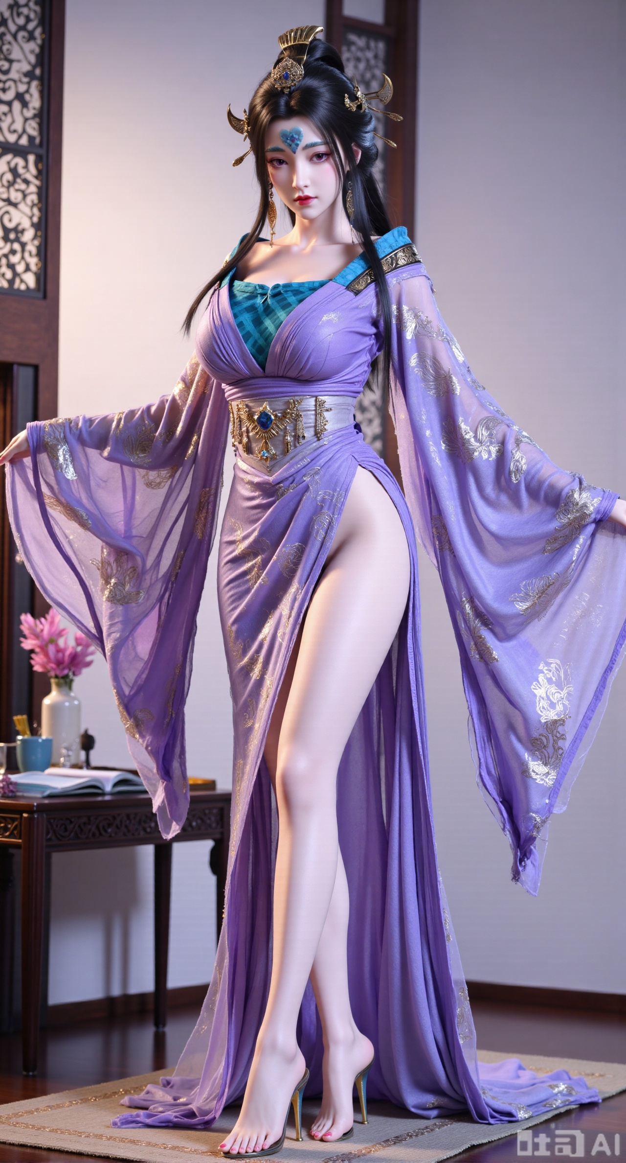 (masterpiece:1.2),Ultra clear, wallpaper, 8k, masterpiece, 1girl, solo, long hair, breasts, looking at viewer, bangs, large breasts,long dress,, bare shoulders, jewelry, black hair, standing, purple eyes, full body, flower, thighs, indoors, hair bun, long dress, high heels, cup, see-through, book, bare legs, window, table, white footwear, standing on one leg, curtains, pink flower, side slit, vase, ,(huge breasts:2.99),(full breasts:2.99),,Xbaozhiyinhuaqun,Xlonger,Xxiaoli,Xtangheziqun,Xyunyunshouban,Xfengmian,XluxueqishuiyiY