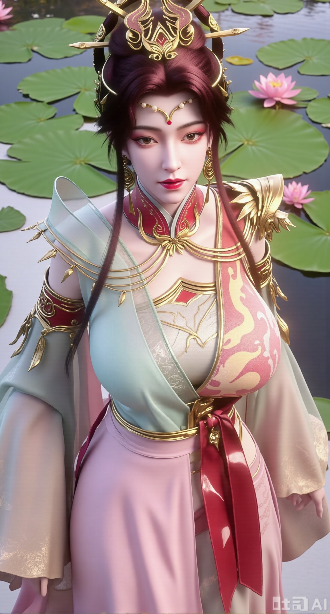  (masterpiece, best quality:1.2),1girl, navel, solo, midriff, bare shoulders, hair ornament,(long hair),(High double ponytail:1.49), red lips, BREAK, (looking at viewer:1.39), chinese clothes,(Holographic pink|green dress:1.36), (lace,Rainbow Gradient Color:1.28), BREAK,blurry, solo focus, long hair, lips, daytime, lipstick, outdoors, standing,upper body,(huge breasts:2.89), background, solo, makeup,(Liquid glass style flowers:1.49),(huge breasts:2.99),(full breasts:2.99),,(Background with lotus pond and pink lotus flowers:1.39),,Xfengmian2,Xzhenxianyingling,XhenrendadiX,Xzhenxianyingling2,XhenrennvdiX