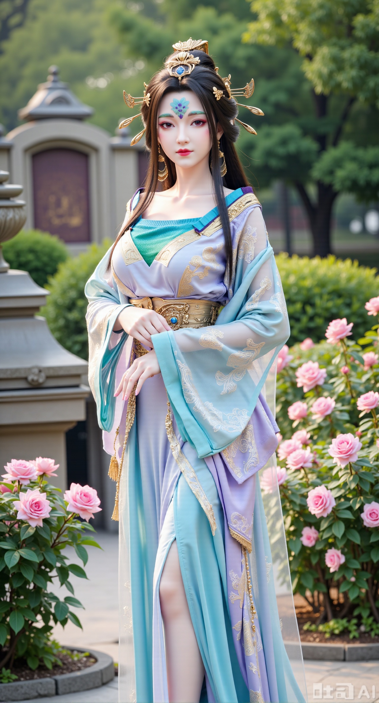 (masterpiece:1.2),best quality,,A woman adorned in traditional Chinese attire,featuring a flowing robe with intricate embroidery and floral accents. A garden filled with pink roses and lush greenery. Soft pastel hues of white,blue,and green,creating a serene atmosphere. Photorealistic photography.,,(huge breasts:2.99),(full breasts:2.99),XyunxiaoYK,Xlonger2,XjiziyeuX2,Xmeifei2,Xtanghezi,XyunyunPVC,Xfengmian2
