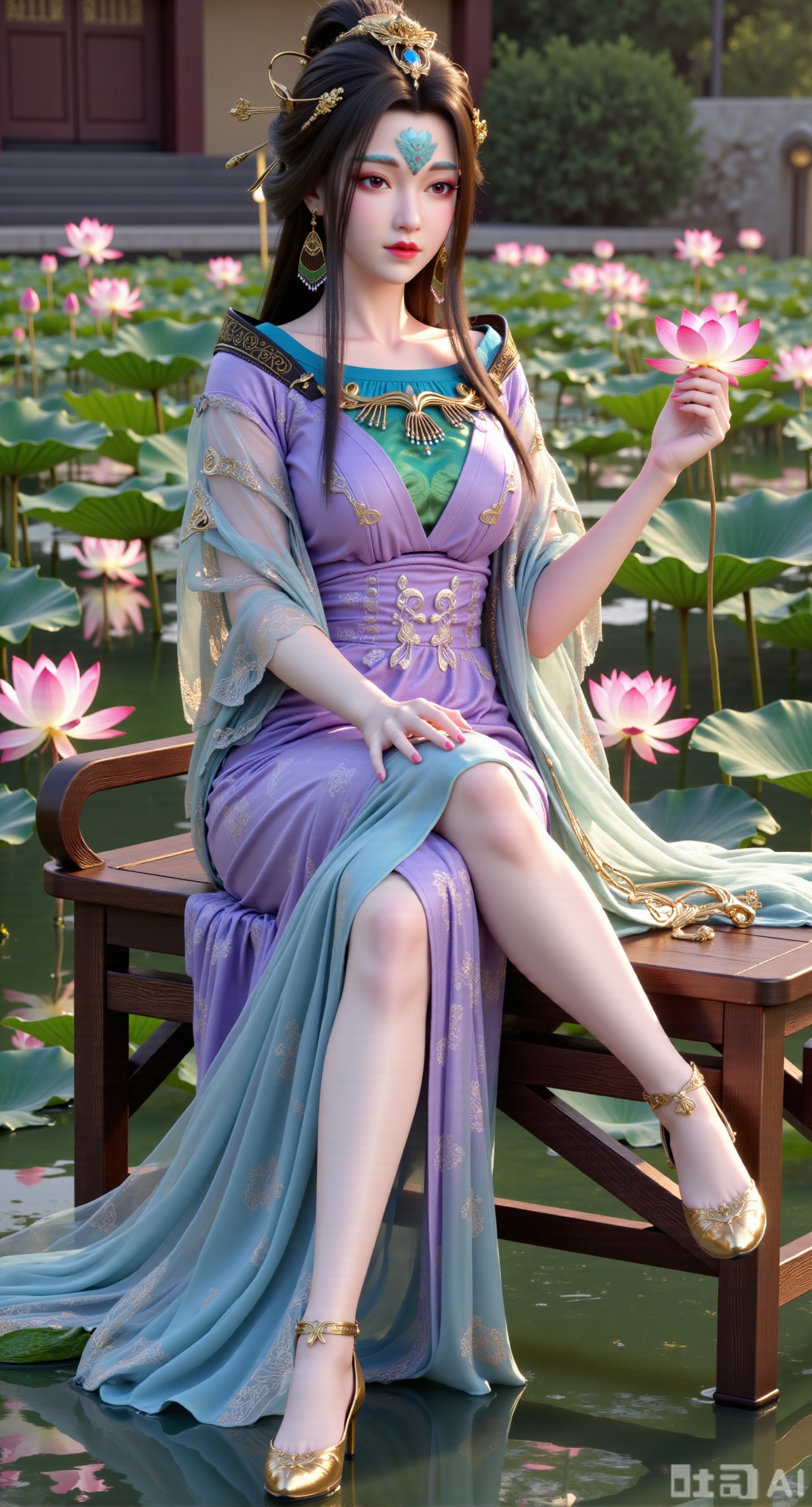 (masterpiece:1.2),best quality,The image is a digital illustration of a young woman sitting on a wooden bench in a pond with lily pads. She is wearing a long dress with design on the chest and sleeves. The dress has a high neckline and short sleeves,Holding a lotus in hand. She has long dark hair styled in loose waves and is wearing gold high heels. The woman is posing with one hand on her hip and the other resting on the edge of the bench. The background is filled with pink and white lotus flowers and green leaves. The overall mood of the image is peaceful and serene,(huge breasts:2.99),(full breasts:2.99),(Background with traditional Chinese architecture, lotus pond and pink lotus flowers:1.39),,XyunxiaoYK,Xlonger2,XjiziyeuX2,Xmeifei2,Xtanghezi,XyunyunPVC,Xfengmian2
