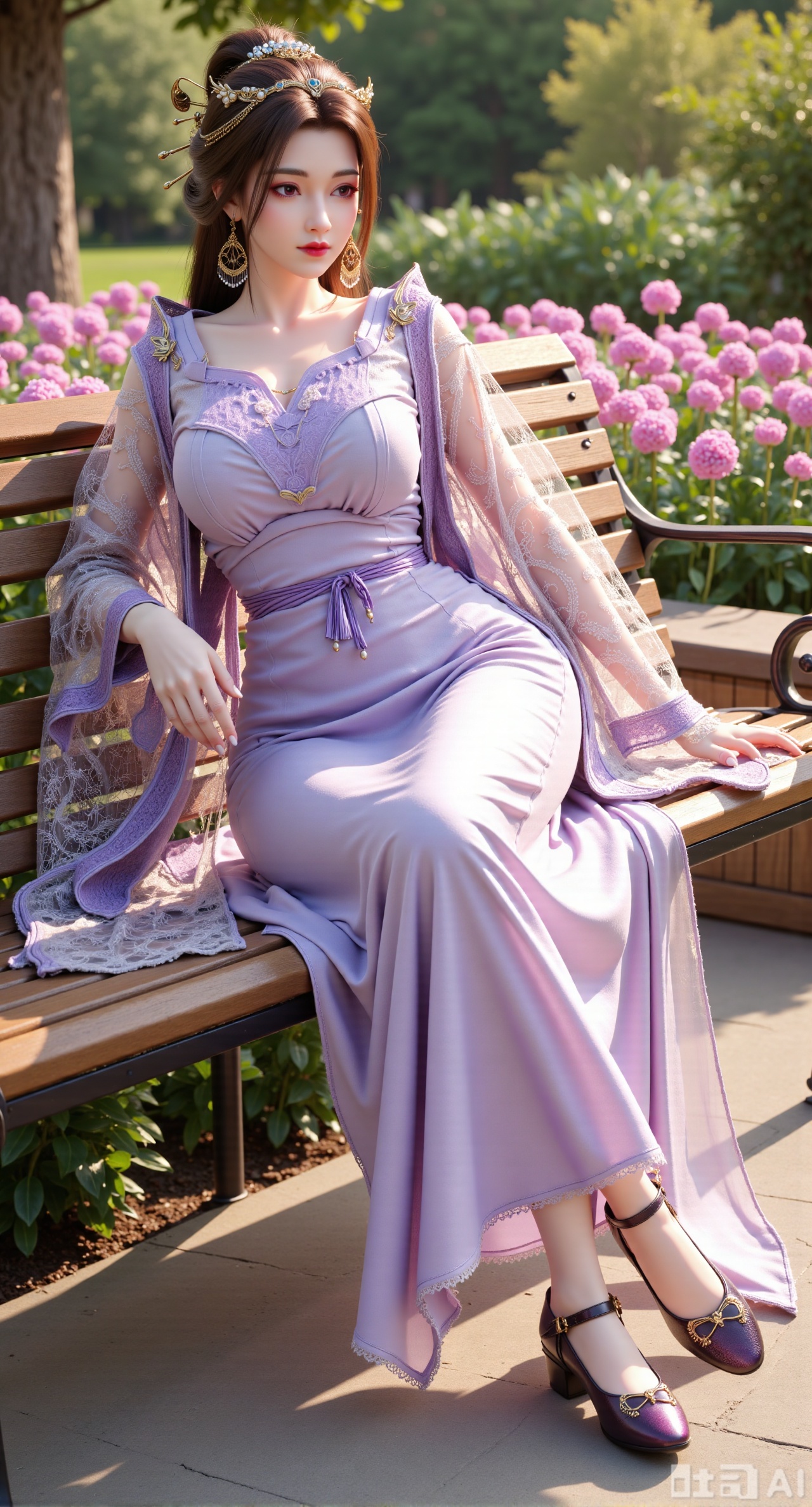 (masterpiece, best quality:1.2),A beauty wearing a pearl hairband dons a long dress, paired with a sheer knitted cardigan and Mary Jane shoes. Leaning on a garden bench filled with macaron - colored flowers,.Sunlight filters through the leaves onto her face, creating a lazy and gentle atmosphere, and her skirt sways softly in the breeze. 8K resolution, detailed texture of knitted fabric, lustrous pearl texture, vivid flower colors, soft natural light, Instagram - style filter texture.,(huge breasts:2.99),(full breasts:2.99),XyunxiaoYK,Xlonger2,XjiziyeuX2,Xmeifei2,Xtanghezi,XyunyunPVC,Xfengmian2