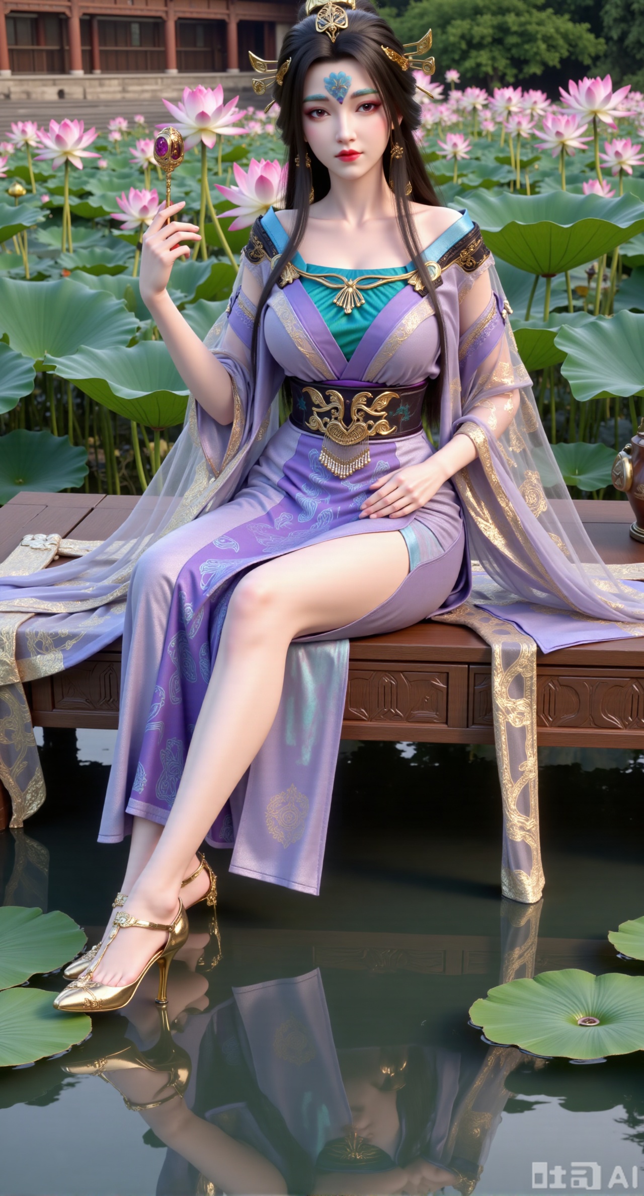 (masterpiece:1.2),best quality,The image is a digital illustration of a young woman sitting on a wooden bench in a pond with lily pads. She is wearing a long dress with design on the chest and sleeves. The dress has a high neckline and short sleeves,Holding a lotus in hand. She has long dark hair styled in loose waves and is wearing gold high heels. The woman is posing with one hand on her hip and the other resting on the edge of the bench. The background is filled with pink and white lotus flowers and green leaves. The overall mood of the image is peaceful and serene,(huge breasts:2.99),(full breasts:2.99),(Background with traditional Chinese architecture, lotus pond and pink lotus flowers:1.39),,XyunxiaoYK,Xlonger2,XjiziyeuX2,Xmeifei2,Xtanghezi,XyunyunPVC,Xfengmian2