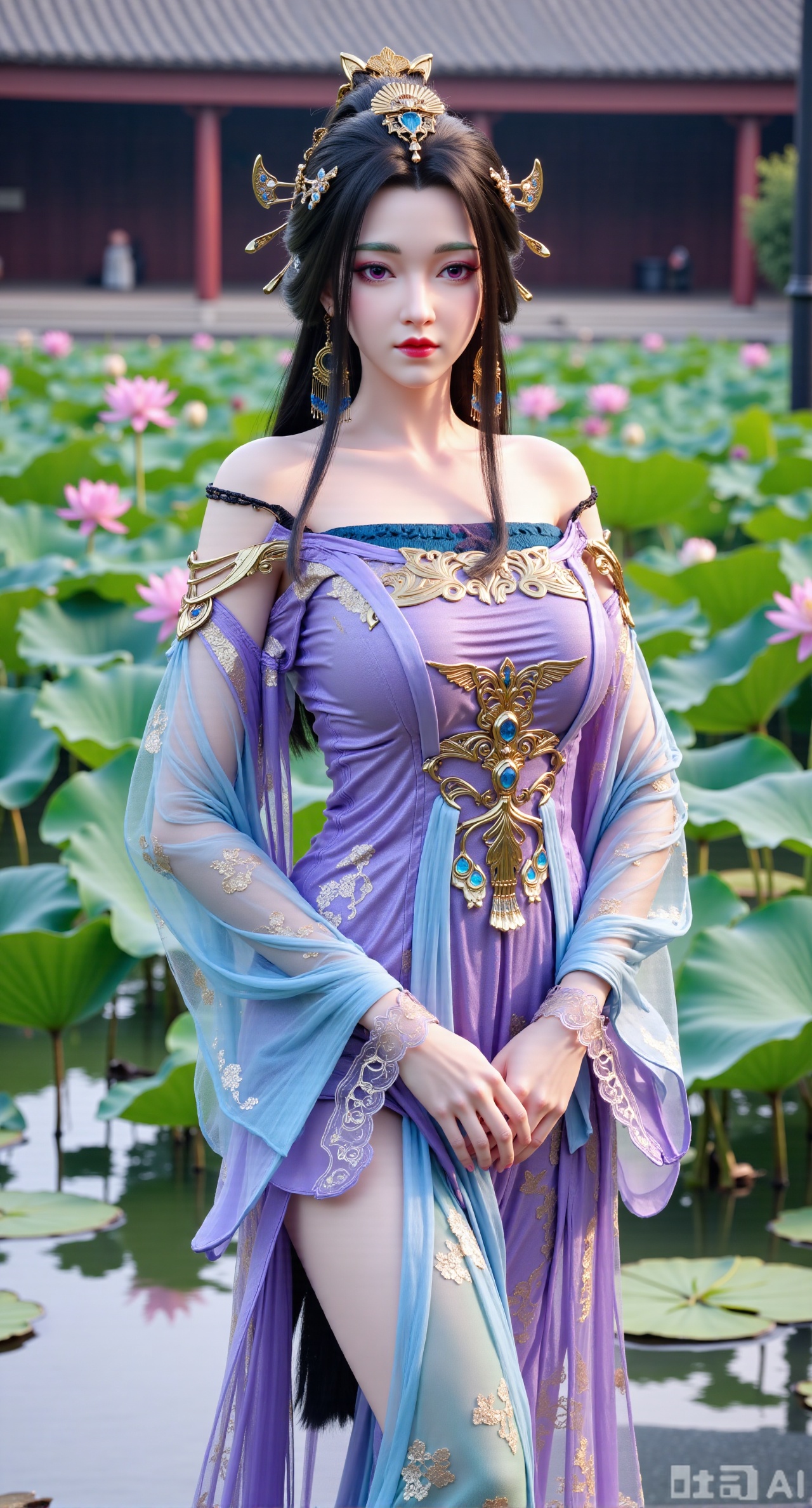 (masterpiece, best quality:1.2),1girl, navel, solo, midriff, bare shoulders, hair ornament, flower, hair flower, black hair, red lips,BREAK, (looking at viewer:1.39), chinese clothes,(Holographic long dress:1.39), (lace,Rainbow Gradient Color:1.29),BREAK,purple eyes,blurry, solo focus, long hair, lips, daytime, lipstick, outdoors, (upper body,,Long legs:1.29), blurry,(huge breasts,full breasts:2.41), background, 1girl, makeup, hair bun,(Blue sky:1.39),(Suzhou Garden Lotus Pond,lotus,Lotus Leaf:1.39),(huge breasts:2.99),(full breasts:2.99),(Background with traditional Chinese architecture, lotus pond and lotus flowers:1.39),XyunxiaoYK,Xlonger2,XjiziyeuX2,Xmeifei2,Xtanghezi,XyunyunPVC,Xfengmian2