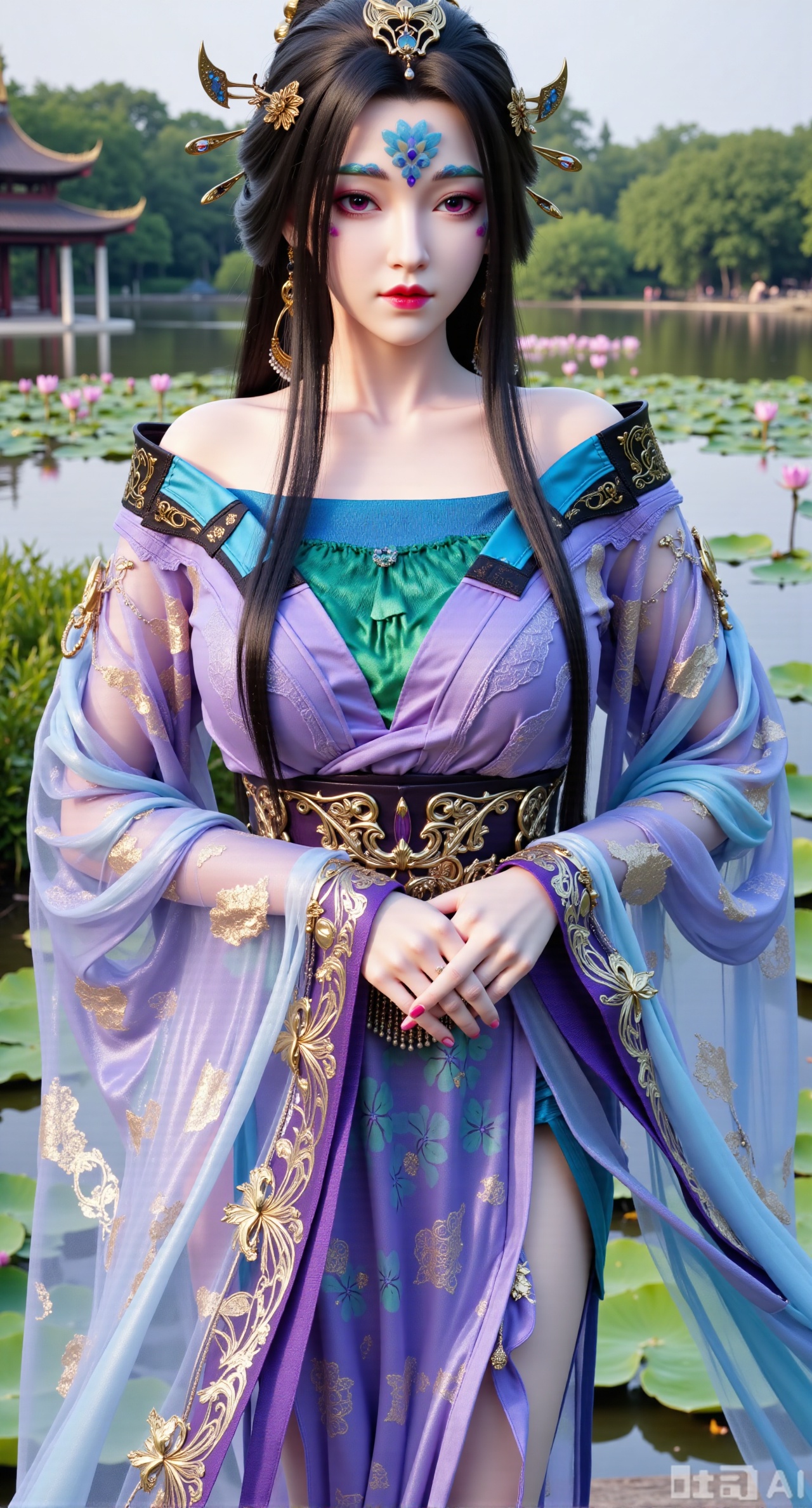 (masterpiece, best quality:1.2),1girl, navel, solo, midriff, bare shoulders, hair ornament, flower, hair flower, black hair, red lips,BREAK, (looking at viewer:1.39), chinese clothes,(Holographic long dress:1.39), (lace,Rainbow Gradient Color:1.29),BREAK,purple eyes,blurry, solo focus, long hair, lips, daytime, lipstick, outdoors, (upper body,,Long legs:1.29), blurry,(huge breasts,full breasts:2.41), background, 1girl, makeup, hair bun,(Blue sky:1.39),(Suzhou Garden Lotus Pond,lotus,Lotus Leaf:1.39),(huge breasts:2.99),(full breasts:2.99),(Background with traditional Chinese architecture, lotus pond and lotus flowers:1.39),XyunxiaoYK,Xlonger2,XjiziyeuX2,Xmeifei2,Xtanghezi,XyunyunPVC,Xfengmian2