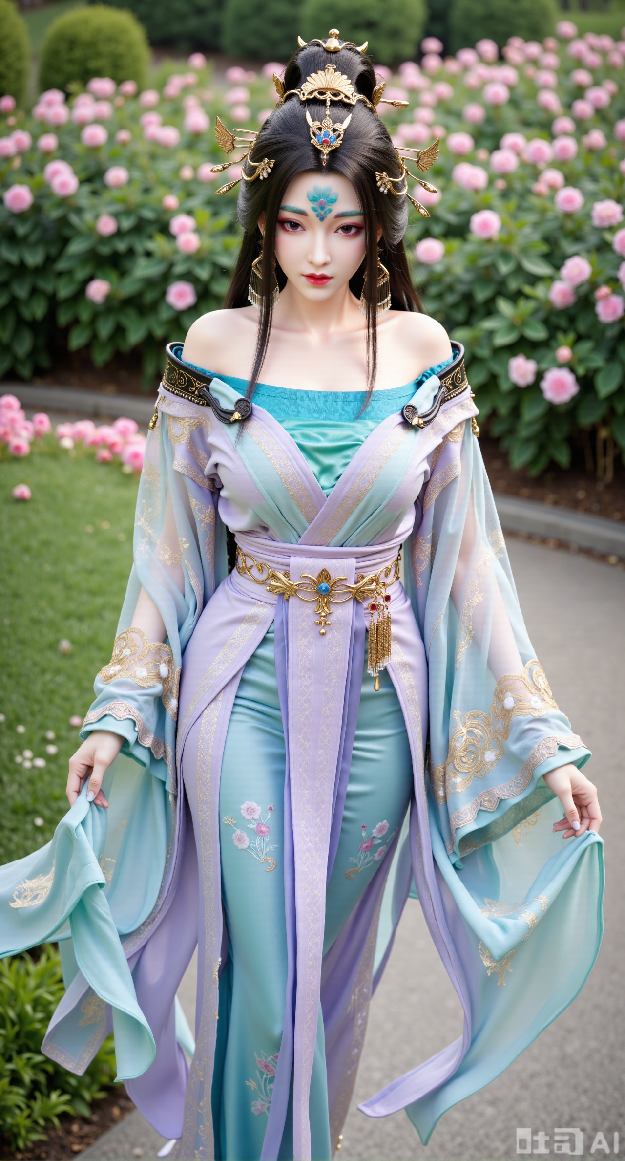 (masterpiece:1.2),best quality,,A woman adorned in traditional Chinese attire,featuring a flowing robe with intricate embroidery and floral accents. A garden filled with pink roses and lush greenery. Soft pastel hues of white,blue,and green,creating a serene atmosphere. Photorealistic photography.,,(huge breasts:2.99),(full breasts:2.99),XyunxiaoYK,Xlonger2,XjiziyeuX2,Xmeifei2,Xtanghezi,XyunyunPVC,Xfengmian2
