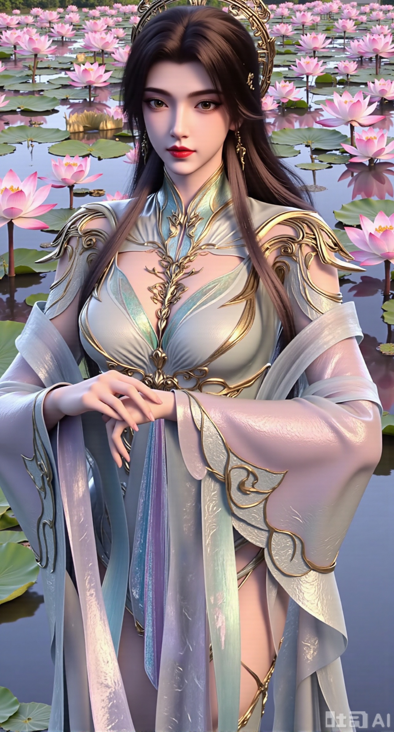  (masterpiece, best quality:1.2),1girl, navel, solo, midriff, bare shoulders, hair ornament,(long hair),(High double ponytail:1.49), red lips, BREAK, (looking at viewer:1.39), chinese clothes,(Holographic pink|green dress:1.36), (lace,Rainbow Gradient Color:1.28), BREAK,blurry, solo focus, long hair, lips, daytime, lipstick, outdoors, standing,upper body,(huge breasts:2.89), background, solo, makeup,(Liquid glass style flowers:1.49),(huge breasts:2.99),(full breasts:2.99),,(Background with lotus pond and pink lotus flowers:1.39),,Xfengmian2,Xzhenxianyingling,XhenrendadiX,Xzhenxianyingling2,XhenrennvdiX