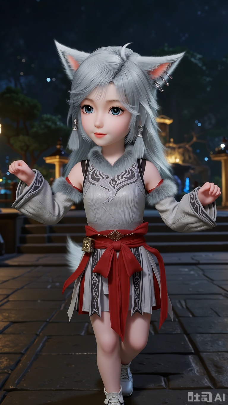 1girl, chibi, cute, little girl,full body,white shoes,Different colored pupils, one blue and one green, YINYUE, 3D, a character with long, flowing silver hair and pointed ears, resembling a fox or wolf. The character is wearing a detailed, intricate silver outfit with fur accents on the shoulders and chest. The outfit features a pattern that resembles scales or feathers, giving it a fantasy-like appearance. The character also has a pair of silver earrings.dressed in a traditional outfit with intricate patterns, a white blouse with puffed sleeves, and a red sash tied around the waist.Dancing in the city square at night, the movements of the dance