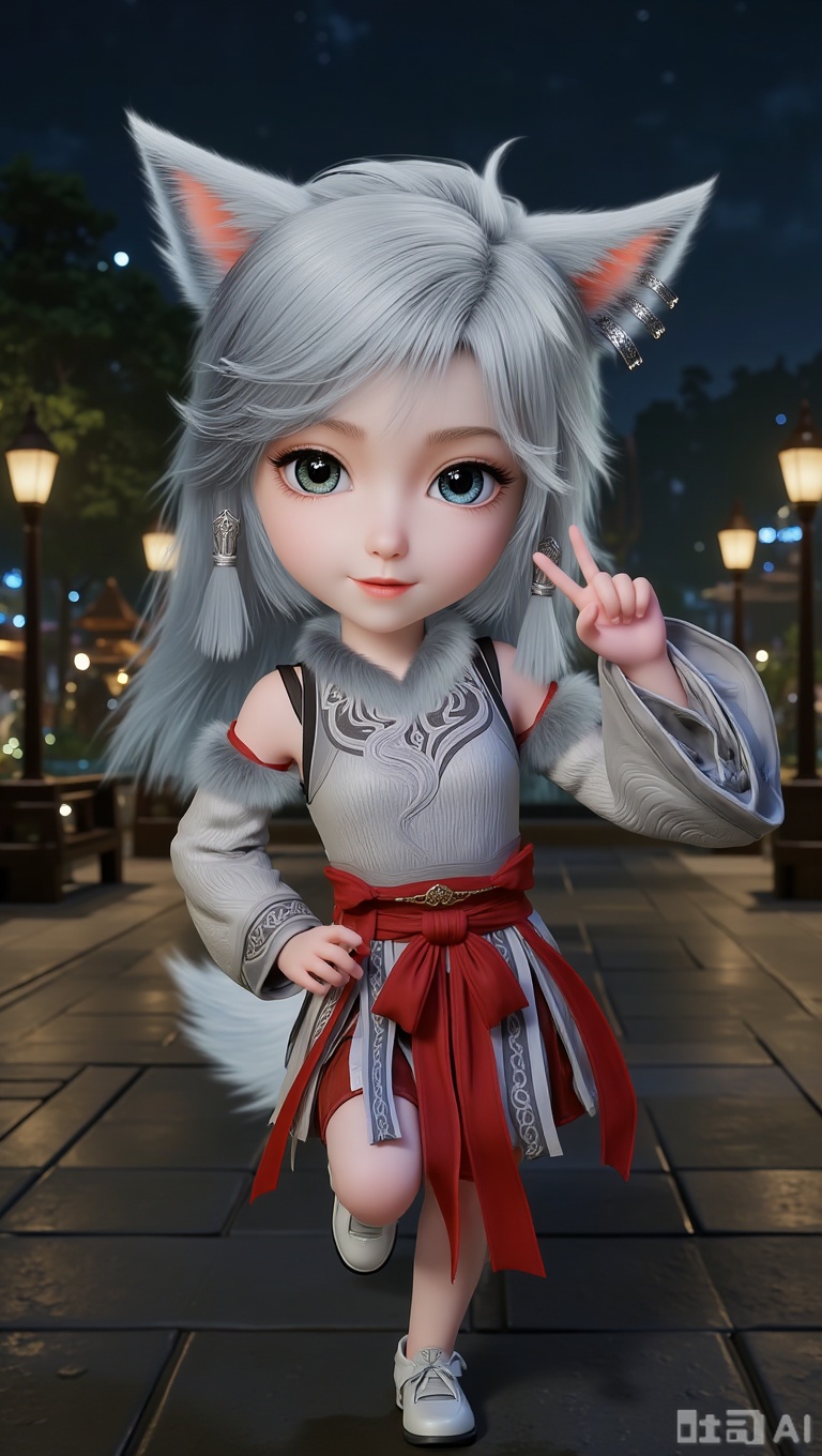 1girl, chibi, cute, little girl,full body,white shoes,Different colored pupils, one blue and one green, YINYUE, 3D, a character with long, flowing silver hair and pointed ears, resembling a fox or wolf. The character is wearing a detailed, intricate silver outfit with fur accents on the shoulders and chest. The outfit features a pattern that resembles scales or feathers, giving it a fantasy-like appearance. The character also has a pair of silver earrings.dressed in a traditional outfit with intricate patterns, a white blouse with puffed sleeves, and a red sash tied around the waist.In the city square at night,One hand supports the waist, while the other raises a V-sign,One foot is raised, looking very playful and cute