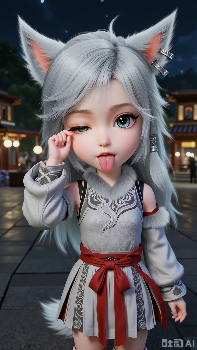 1girl, chibi, cute, little girl,full body,white shoes,Different colored pupils, one blue and one green, YINYUE, 3D, a character with long, flowing silver hair and pointed ears, resembling a fox or wolf. The character is wearing a detailed, intricate silver outfit with fur accents on the shoulders and chest. The outfit features a pattern that resembles scales or feathers, giving it a fantasy-like appearance. The character also has a pair of silver earrings.dressed in a traditional outfit with intricate patterns, a white blouse with puffed sleeves, and a red sash tied around the waist.In the city square at night,Approaching the camera, one hand supports oneself while the index finger of the other hand pulls down the lower eyelid of one eye, playfully sticking out the tongue and making a funny face