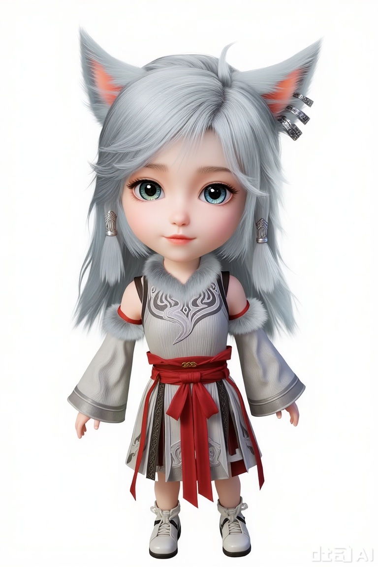 1girl, chibi, cute, little girl,full body,white shoes,Different colored pupils, one blue and one green, YINYUE, 3D, a character with long, flowing silver hair and pointed ears, resembling a fox or wolf. The character is wearing a detailed, intricate silver outfit with fur accents on the shoulders and chest. The outfit features a pattern that resembles scales or feathers, giving it a fantasy-like appearance. The character also has a pair of silver earrings.dressed in a traditional outfit with intricate patterns, a white blouse with puffed sleeves, and a red sash tied around the waist.