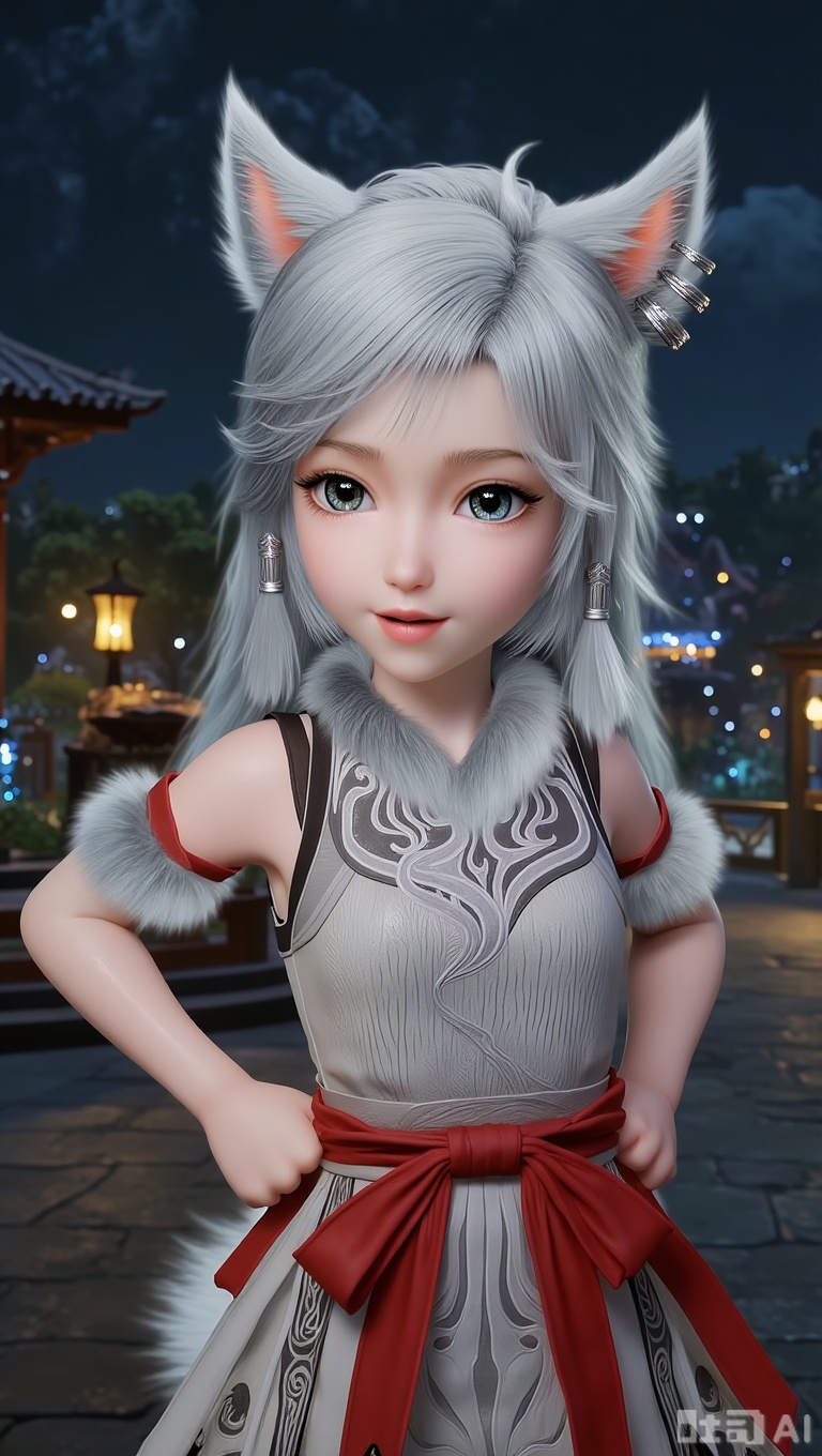 1girl, chibi, cute, little girl,full body,white shoes,Different colored pupils, one blue and one green, YINYUE, 3D, a character with long, flowing silver hair and pointed ears, resembling a fox or wolf. The character is wearing a detailed, intricate silver outfit with fur accents on the shoulders and chest. The outfit features a pattern that resembles scales or feathers, giving it a fantasy-like appearance. The character also has a pair of silver earrings.dressed in a traditional outfit with intricate patterns, a white blouse with puffed sleeves, and a red sash tied around the waist.In the city square at night,One hand supports the waist, Make faces, stick out your tongue