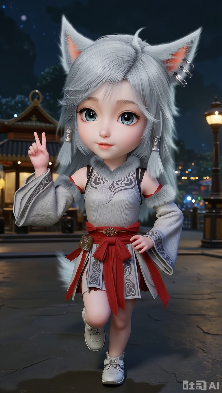 1girl, chibi, cute, little girl,full body,white shoes,Different colored pupils, one blue and one green, YINYUE, 3D, a character with long, flowing silver hair and pointed ears, resembling a fox or wolf. The character is wearing a detailed, intricate silver outfit with fur accents on the shoulders and chest. The outfit features a pattern that resembles scales or feathers, giving it a fantasy-like appearance. The character also has a pair of silver earrings.dressed in a traditional outfit with intricate patterns, a white blouse with puffed sleeves, and a red sash tied around the waist.In the city square at night,One hand supports the waist, while the other raises a V-sign,One foot is raised, looking very playful and cute