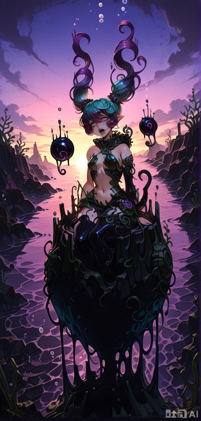 high quality, best quality, masterpiece, highres, very aesthetic, absurdres, , , solo focus, walking, , charybdismge, monster girl, long hair, aqua hair, gradient hair, light aqua hair tips, violet eyes, twintails, rock hair ornaments, rock hair scrunchie, curled bangs, small breasts, rocks around girl, partially buried, buried, rock patches, barnacles, nude, , underwater, bubbles, floating hair, fish, seaweed, kelp, outdoors, at a metal bridge, morning, sunrise,CHARYBDISMGE,,CHARYBDISMGE, MONSTER GIRL, UNDERWATER,ROCKS AROUND GIRL. PARTIALLY BURIED,BUBBLES,PURPLE HAIR, LONG HAIR,GRADIENT  HAIR, MAGENTA HAIR TIPS,TWINTAILS, CURLED BANGS, PURPLE EYES,NAVEL, ROCK PATCHES, BARNACLES,ROCK HAIR ORNAMENTS,ROCK HAIR SCRUNCHIE, SEAWEED,,DARKMATTERMGE.,DARKMATTERMGE, MONSTER GIRL.,RIDING SLIME MIDAIR, FLOATING,SITTING ON BALL, FLOATING BALL, FLYING,TENTACLES, SLIME TENTACLES,OPAQUE SLIME FLOATING DROPLETS., DRIPPING SLIME, BLACK SLIME,SLIME-SPHERE..PURPLE HAIR, AHEGAO, POINTY EARS.