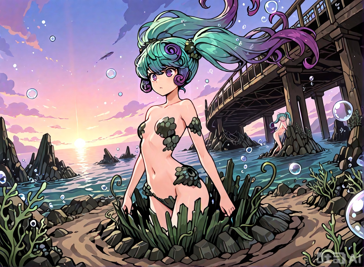 high quality, best quality, masterpiece, highres, very aesthetic, absurdres, , , solo focus, walking, , charybdismge, monster girl, long hair, aqua hair, gradient hair, light aqua hair tips, violet eyes, twintails, rock hair ornaments, rock hair scrunchie, curled bangs, small breasts, rocks around girl, partially buried, buried, rock patches, barnacles, nude, , underwater, bubbles, floating hair, fish, seaweed, kelp, outdoors, at a metal bridge, morning, sunrise,CHARYBDISMGE,,CHARYBDISMGE, MONSTER GIRL, UNDERWATER,ROCKS AROUND GIRL. PARTIALLY BURIED,BUBBLES,PURPLE HAIR, LONG HAIR,GRADIENT  HAIR, MAGENTA HAIR TIPS,TWINTAILS, CURLED BANGS, PURPLE EYES,NAVEL, ROCK PATCHES, BARNACLES,ROCK HAIR ORNAMENTS,ROCK HAIR SCRUNCHIE, SEAWEED,