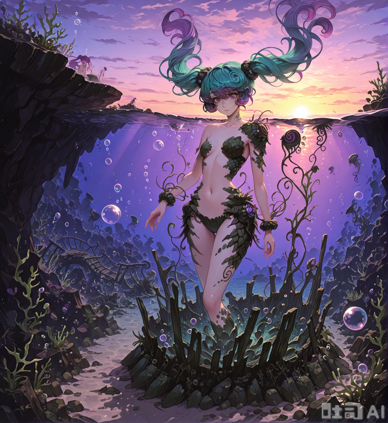 high quality, best quality, masterpiece, highres, very aesthetic, absurdres, , , solo focus, walking, , charybdismge, monster girl, long hair, aqua hair, gradient hair, light aqua hair tips, violet eyes, twintails, rock hair ornaments, rock hair scrunchie, curled bangs, small breasts, rocks around girl, partially buried, buried, rock patches, barnacles, nude, , underwater, bubbles, floating hair, fish, seaweed, kelp, outdoors, at a metal bridge, morning, sunrise,CHARYBDISMGE,,CHARYBDISMGE, MONSTER GIRL, UNDERWATER,ROCKS AROUND GIRL. PARTIALLY BURIED,BUBBLES,PURPLE HAIR, LONG HAIR,GRADIENT  HAIR, MAGENTA HAIR TIPS,TWINTAILS, CURLED BANGS, PURPLE EYES,NAVEL, ROCK PATCHES, BARNACLES,ROCK HAIR ORNAMENTS,ROCK HAIR SCRUNCHIE, SEAWEED,