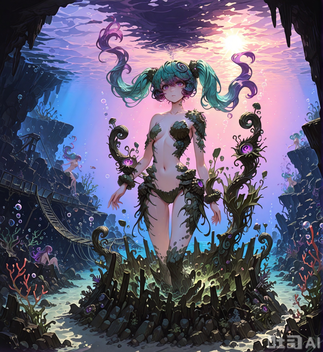 high quality, best quality, masterpiece, highres, very aesthetic, absurdres, , , solo focus, walking, , charybdismge, monster girl, long hair, aqua hair, gradient hair, light aqua hair tips, violet eyes, twintails, rock hair ornaments, rock hair scrunchie, curled bangs, small breasts, rocks around girl, partially buried, buried, rock patches, barnacles, nude, , underwater, bubbles, floating hair, fish, seaweed, kelp, outdoors, at a metal bridge, morning, sunrise,CHARYBDISMGE,,CHARYBDISMGE, MONSTER GIRL, UNDERWATER,ROCKS AROUND GIRL. PARTIALLY BURIED,BUBBLES,PURPLE HAIR, LONG HAIR,GRADIENT  HAIR, MAGENTA HAIR TIPS,TWINTAILS, CURLED BANGS, PURPLE EYES,NAVEL, ROCK PATCHES, BARNACLES,ROCK HAIR ORNAMENTS,ROCK HAIR SCRUNCHIE, SEAWEED,