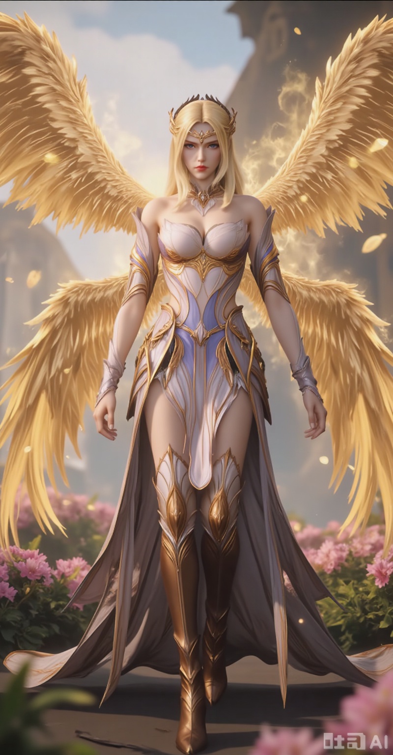 A stunningly beautiful woman, with long golden hair shining, cascaded down her slender waist like a waterfall. Those deep blue eyes, like the boundless ocean, emit a charming light. She has skin as fair as snow, as if carved from the purest jadeite. She wore exquisite jewelry and her earrings shone with brilliant light, complementing her beauty perfectly. She has a pair of enviable long legs, slender and long. She was dressed in an elegant dress, with the hem gently swaying in the wind. Paired with fashionable boots, the thigh-high boots accentuated her leg lines to the fullest. She stood on the ground, surrounded by lush flower beds. The colorful flowers were vying with each other in beauty, as if cheering for her beauty. Behind her, there grew two pairs of huge wings, covered with brilliant feathers, as if angels had descended to the earth. This dreamlike scene makes people feel as if they were in a fairy tale world, and they can't help but be charmed and amazed.
qianrenxue,lvjing