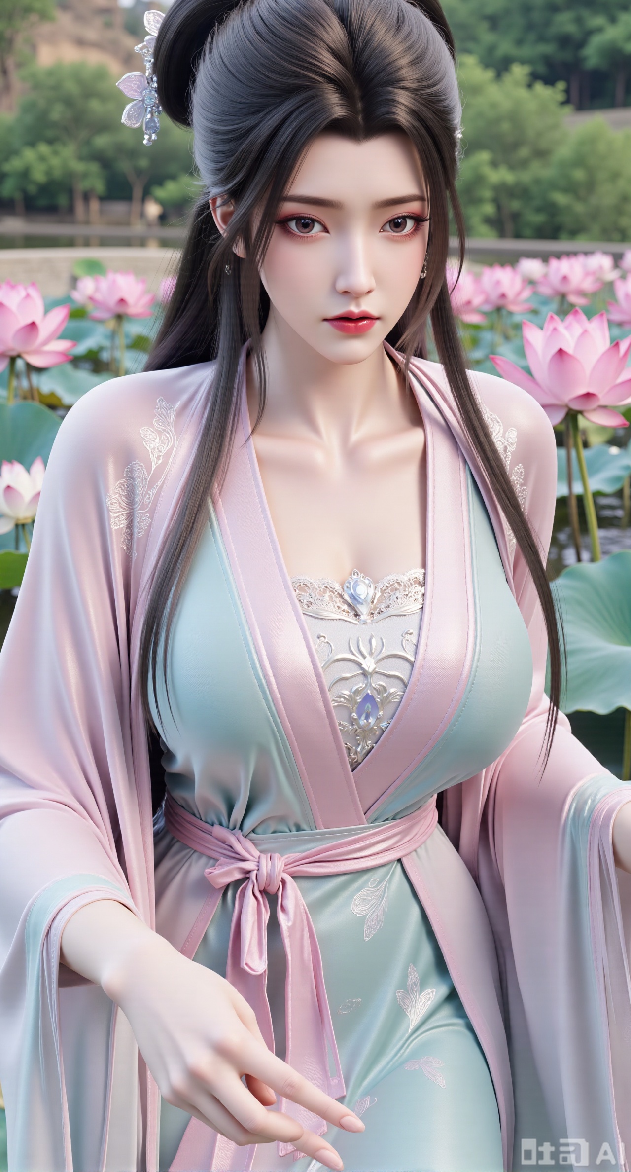  (masterpiece, best quality:1.2),1girl, navel, solo, midriff, bare shoulders, hair ornament,(long hair),(High double ponytail:1.49), red lips, BREAK, (looking at viewer:1.39), chinese clothes,(Holographic pink|green dress:1.36), (lace,Rainbow Gradient Color:1.28), BREAK,blurry, solo focus, long hair, lips, daytime, lipstick, outdoors, standing,upper body,(huge breasts:2.89), background, solo, makeup,(Liquid glass style flowers:1.49),(huge breasts:2.99),(full breasts:2.99),,(Background with lotus pond and pink lotus flowers:1.39),Xbaozhiyinhuaqun,Xlonger,Xxiaoli,Xtangheziqun,Xyunyunshouban,Xfengmian,XluxueqishuiyiY
