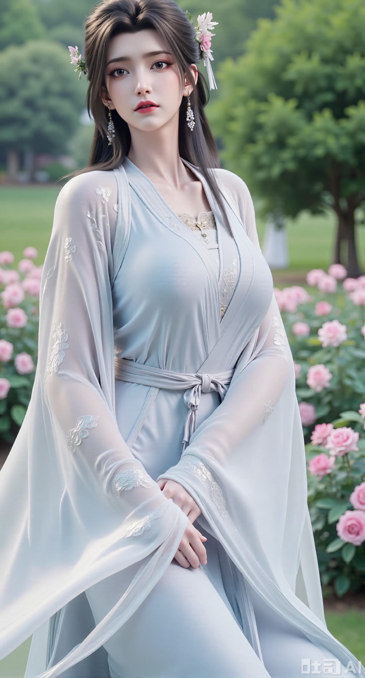 masterpiece:1.2),best quality,,A woman adorned in traditional Chinese attire,featuring a flowing robe with intricate embroidery and floral accents. A garden filled with pink roses and lush greenery. Soft pastel hues of white,blue,and green,creating a serene atmosphere. Photorealistic photography.,,(huge breasts:2.99),(full breasts:2.99),Xbaozhiyinhuaqun,Xlonger,Xxiaoli,Xtangheziqun,Xyunyunshouban,Xfengmian,XluxueqishuiyiY