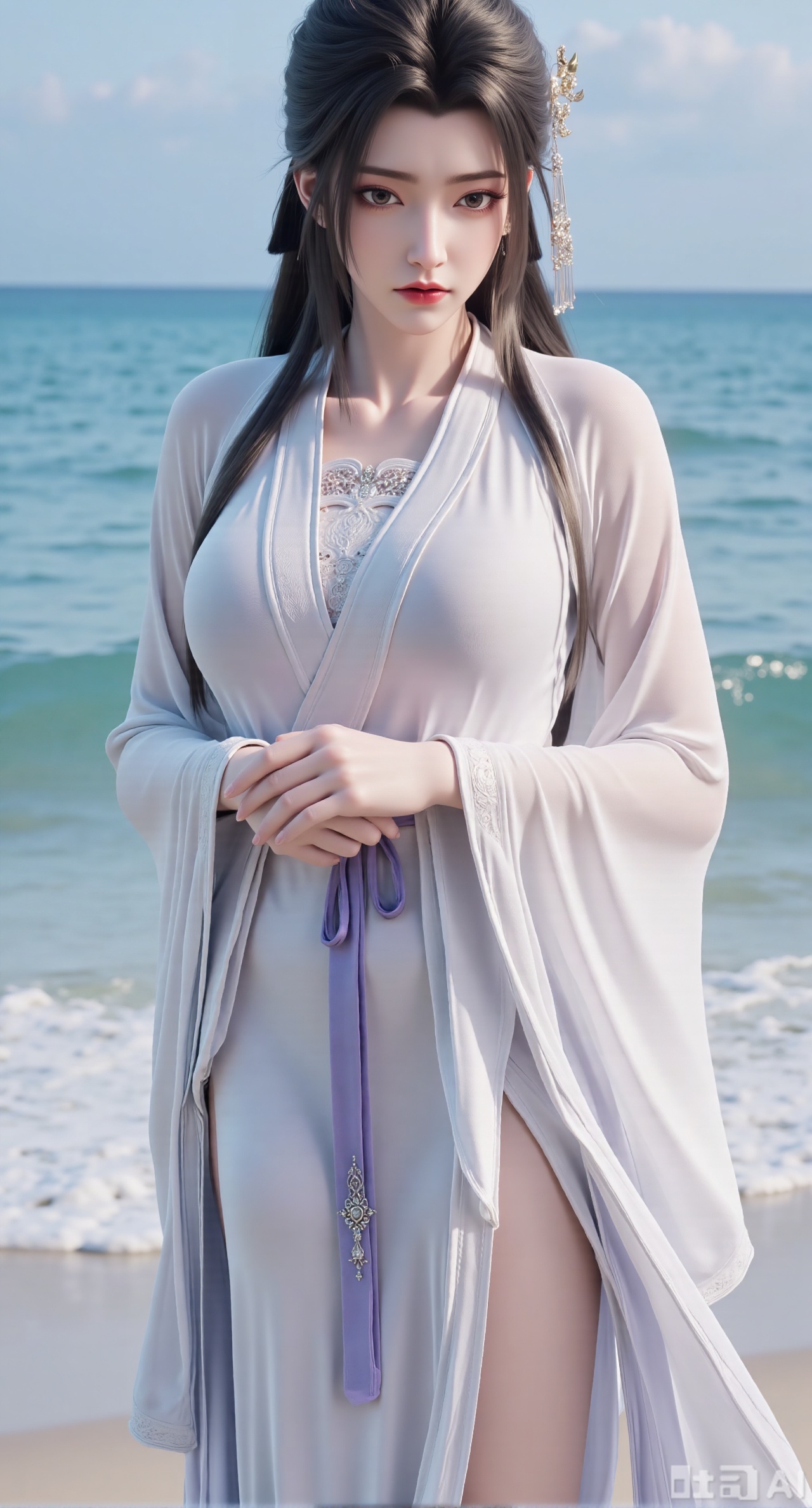 masterpiece, best quality, 1girl,solo,looking at viewer,( outdoor:1.3),sea,beach,realistic,midriff,bare shoulders,standting,hair ornament,long hair,jewelry,long dress,cowboy shot, (huge breasts, full breasts:2.69),Xbaozhiyinhuaqun,Xlonger,Xxiaoli,Xtangheziqun,Xyunyunshouban,Xfengmian,XluxueqishuiyiY