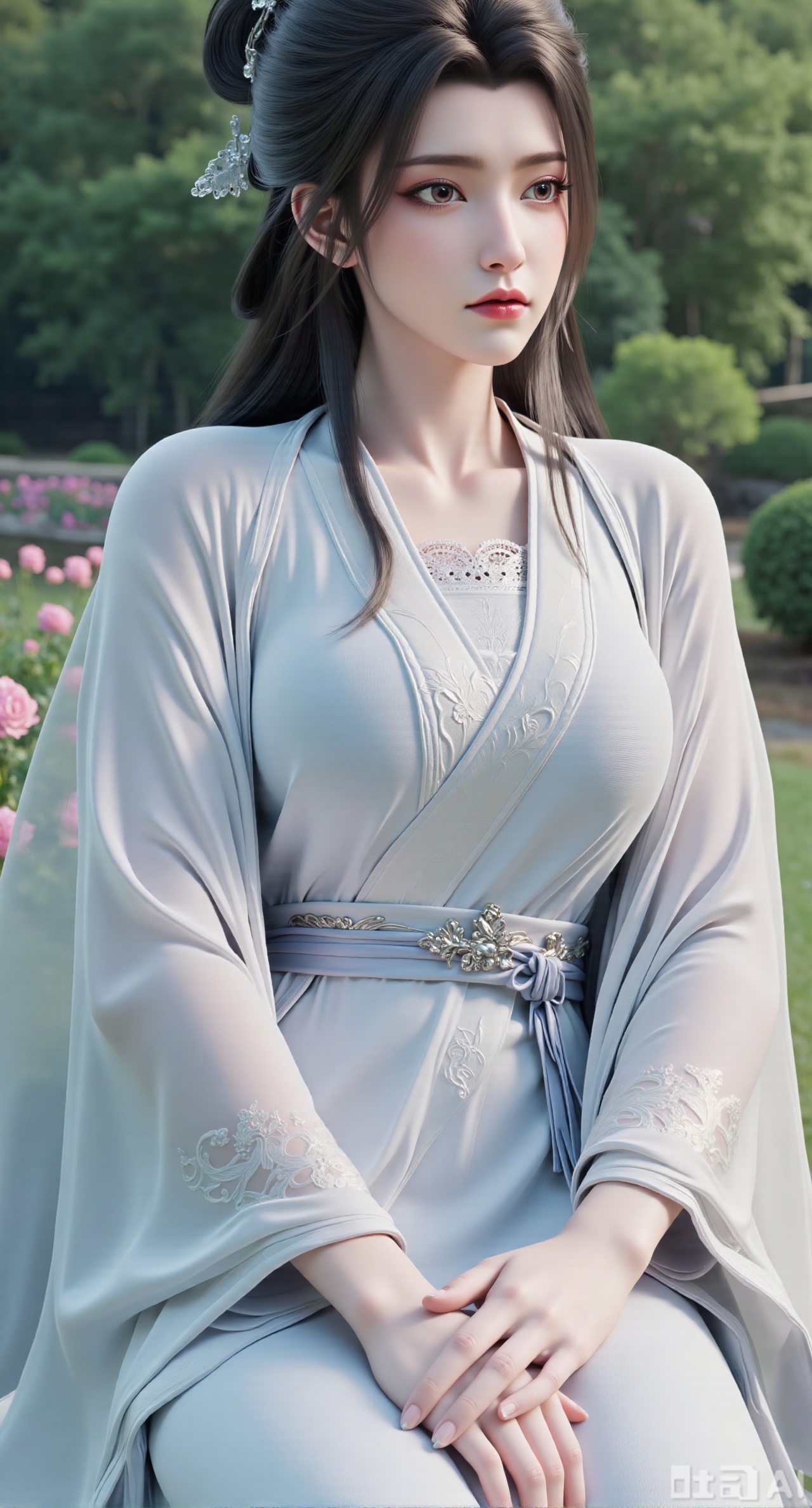 masterpiece:1.2),best quality,,A woman adorned in traditional Chinese attire,featuring a flowing robe with intricate embroidery and floral accents. A garden filled with pink roses and lush greenery. Soft pastel hues of white,blue,and green,creating a serene atmosphere. Photorealistic photography.,,(huge breasts:2.99),(full breasts:2.99),Xbaozhiyinhuaqun,Xlonger,Xxiaoli,Xtangheziqun,Xyunyunshouban,Xfengmian,XluxueqishuiyiY