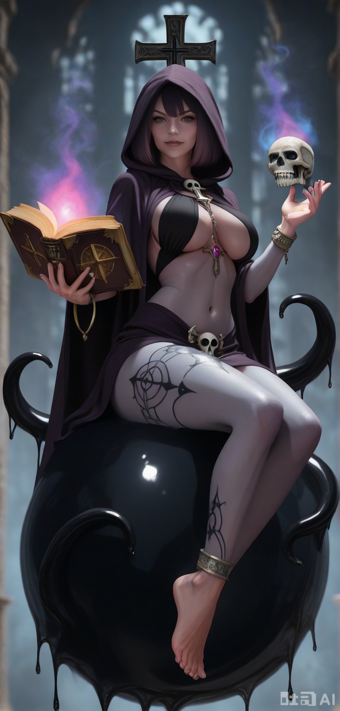 masterpiece, best quality, amazing quality, absurdres, very aesthetic, large breasts, 20yo, 1girl, solo, lichmge, naked cloak, hood up, short hair, braid, purple eyes, floating book, magic, jewelry, underboob, skull ornaments, bone necklace, leg tattoo, gem, shaded face, navel, large cross,barefoot, floating, undead, colored skin, bracelet, grey skin, hooded cloak, dark grey hair, celtic cross, anklet, eyeliner, full body, floating, frown, grumpy, pout, dynamic angle, dynamic pose, foreshortening, perspective, dynamic shadows, breath, sweat, blush, looking at viewer, detailed background, dungeon,skull underwear. skull bra.,DARKMATTERMGE.,DARKMATTERMGE, MONSTER GIRL.,RIDING SLIME MIDAIR, FLOATING,SITTING ON BALL, FLOATING BALL, FLYING,TENTACLES, SLIME TENTACLES,OPAQUE SLIME FLOATING DROPLETS., DRIPPING SLIME, BLACK SLIME,SLIME-SPHERE..PURPLE HAIR, LONG HAIR,NAVEL, AHEGAO, POINTY EARS.