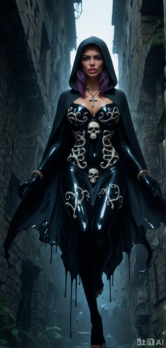 masterpiece, best quality, amazing quality, absurdres, very aesthetic, large breasts, 20yo, 1girl, solo, skull ornaments, bone necklace, leg tattoo, gem, shaded face, navel, large cross,barefoot, floating, undead, colored skin, bracelet,  hooded cloak, anklet, eyeliner, full body, floating, frown, grumpy, pout, dynamic angle, dynamic pose, foreshortening, perspective, dynamic shadows, breath, sweat, blush, looking at viewer, detailed background, dungeon,skull underwear. skull bra.,DARKMATTERMGE.,DARKMATTERMGE, MONSTER GIRL.,RIDING SLIME MIDAIR, FLOATING,SITTING ON BALL, FLOATING BALL, FLYING,TENTACLES, SLIME TENTACLES,OPAQUE SLIME FLOATING DROPLETS., DRIPPING SLIME, BLACK SLIME,SLIME-SPHERE..PURPLE HAIR, LONG HAIR,NAVEL, AHEGAO, POINTY EARS., MONSTER GIRL. 