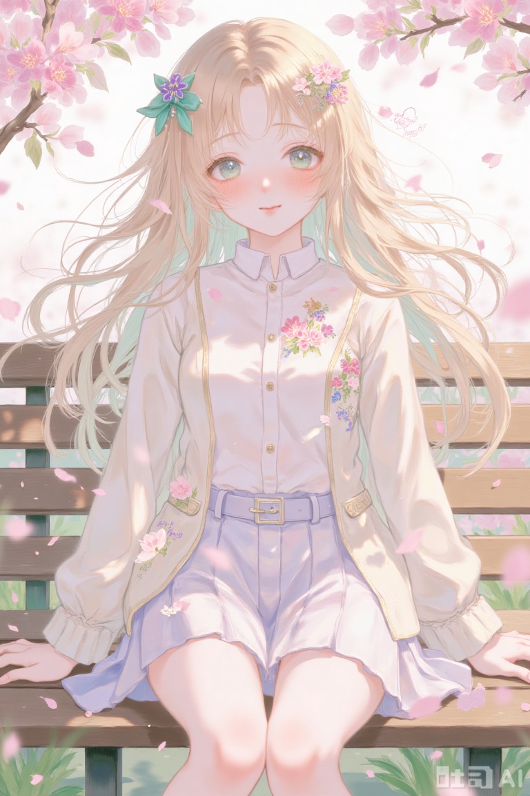 cute anime girl, smiling, big sparkly eyes, soft pastel colors, flower background, gentle sunlight, sweet expression, seated on a bench, spring season, light breeze, flowing hair, kawaii style, 4k detailed, anime art style, warm lighting, shallow depth of field, peaceful atmosphere.