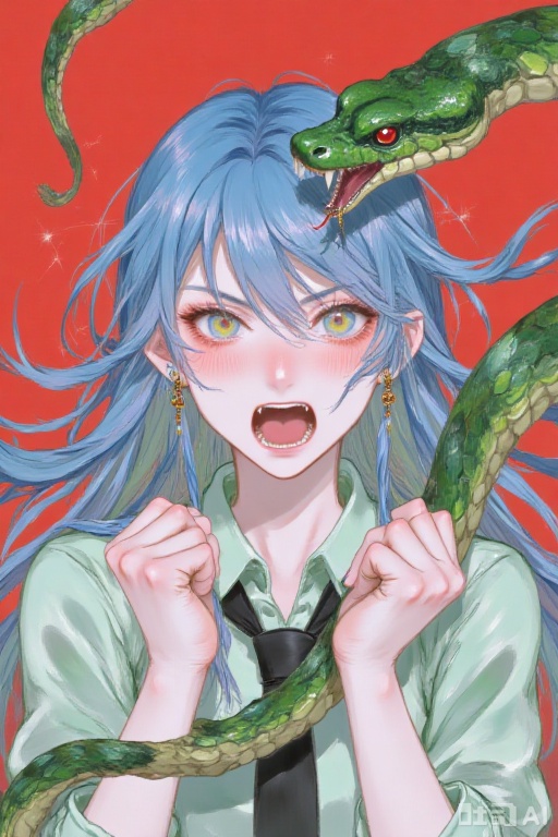 original,looking at viewer,1girl,long hair,open mouth,red background,fangs,angry,sfw,teeth,upper body,serpentine,frown,female solo,blue hair,angry face,green hair,blue eyes,snake,monster,yellow eyes,:<,closed mouth,clenched hands,monster girl,eyebrows visible through hair,bangs,hair between eyes,upper teeth,hands up,