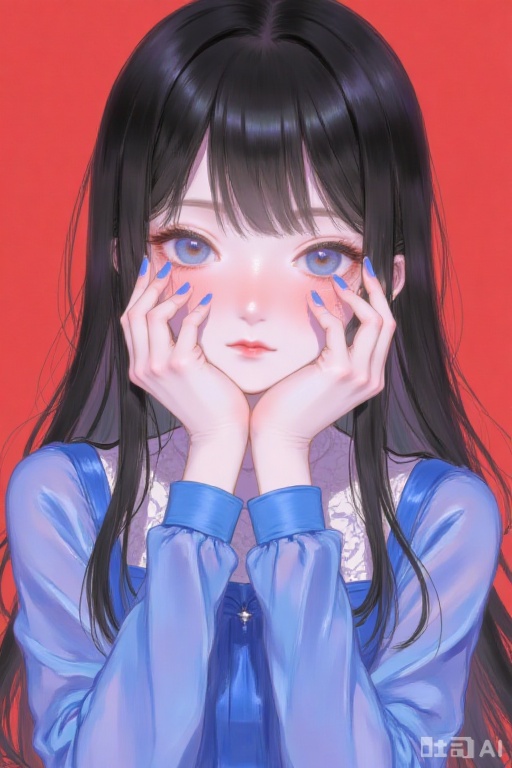 bai,original,long hair,bangs,1girl,blunt bangs,looking at viewer,black hair,blue nails,sfw,blue eyes,solo,hands on own face,hands up,eyebrows visible through hair,hands on own cheeks,long sleeves,long fingernails,blue dress,fingernails,dress,upper body,red background,blue dress,simple background,very long hair,parted lips,