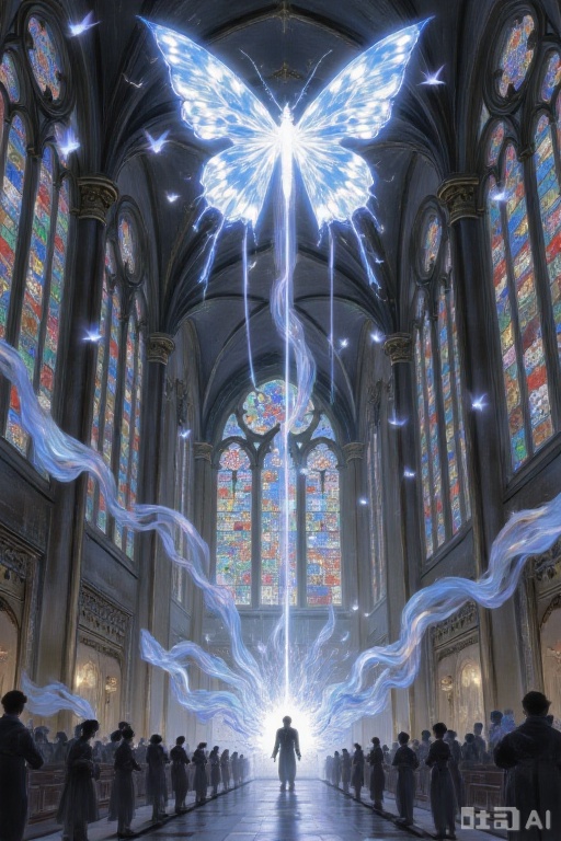 bai,a white butterfly shaped light shines down from the sky, surrounded by stained glass windows, anime aesthetic style, dark blue and gold, Yuumei, a large church with gothic architecture, fantasy illustrations, made of crystal, shining in darkness, renaissance oil painting portraits, dark background, shining on people, dark black background, mysterious, luminous, holy lights, sacred feeling, fantasy. The background is dark blue and yellow. The scene includes flying butterflies.