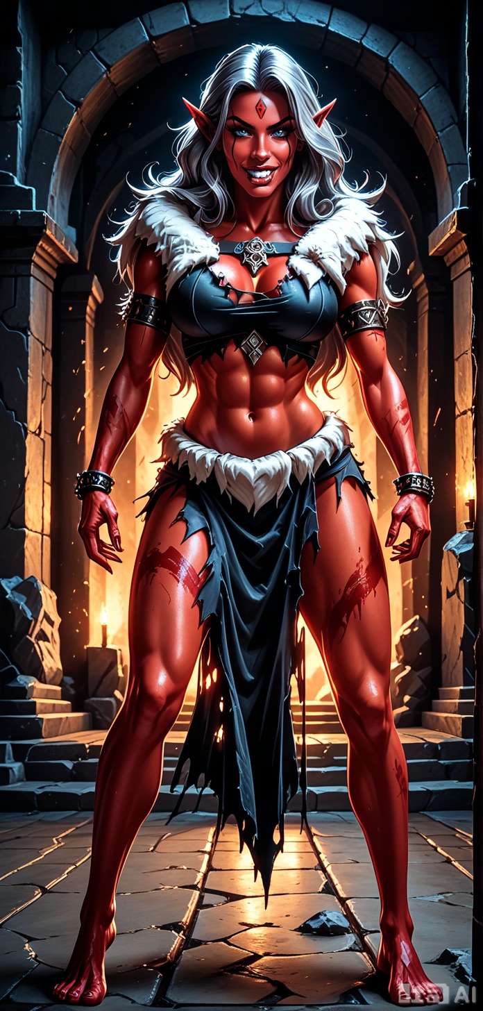 masterpiece, best quality, amazing quality, absurdres, soft, 1girl, 20yo, solo, full body, blush, looking at viewer, detailed background, cinematic, volumetric lighting, dynamic shadows, temple interior, dark background, dim lighting. dynamic angle, dynamic pose, foreshortening, perspective,  barefoot, hyper detailed, (dynamic pose:1.4),GHOULMGE,,ghoulmge, monster girl, pointy ears,fang, red legs, red arms, red breasts,red paint, facial mark, rock patches,,Long hair, grey hair,dark skin, dark-skinned female,,loincloth, torn clothing, fur trim,navel,