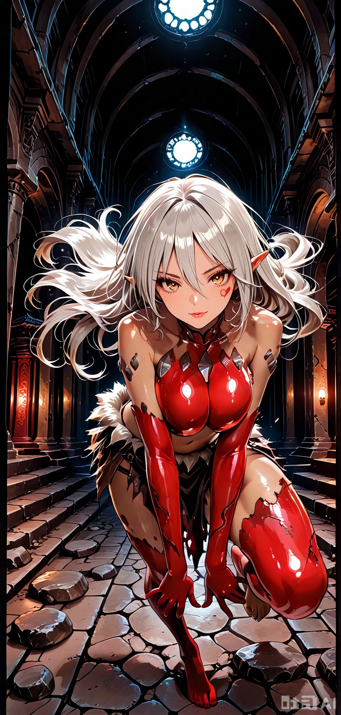 masterpiece, best quality, amazing quality, absurdres, soft, 1girl, 20yo, solo, full body, blush, looking at viewer, detailed background, cinematic, volumetric lighting, dynamic shadows, temple interior, dark background, dim lighting. dynamic angle, dynamic pose, foreshortening, perspective,  barefoot, hyper detailed, (dynamic pose:1.4),GHOULMGE,,ghoulmge, monster girl, pointy ears,fang, red legs, red arms, red breasts,red paint, facial mark, rock patches,,Long hair, grey hair,dark skin, dark-skinned female,,loincloth, torn clothing, fur trim,navel,