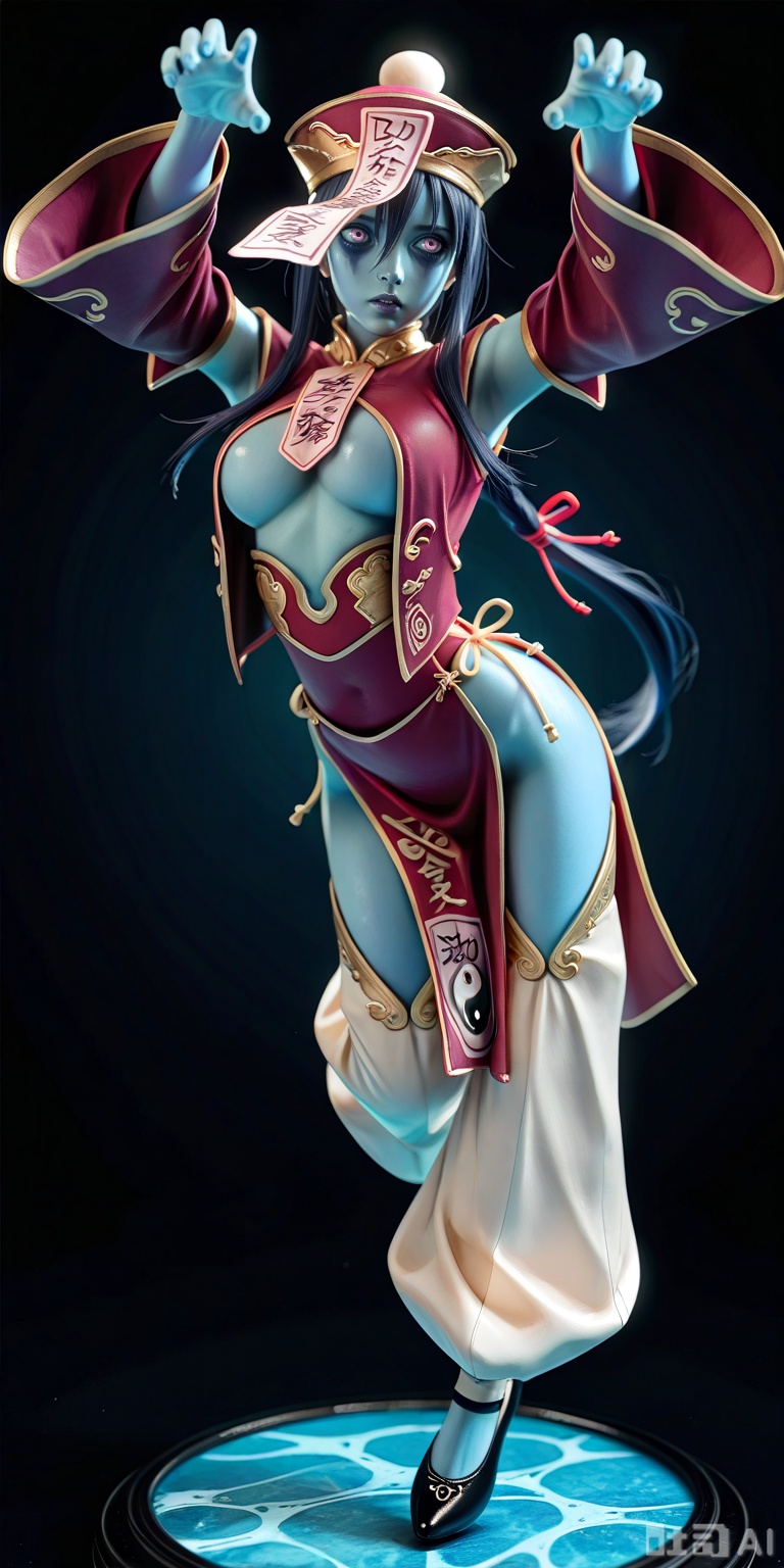 figure stand, figure, figure photo, masterpiece, high quality, best quality, highres, 8k, 1girl, 3d, realistic, lighting, vibrant, bright, caustics, contrast, detailed,JIANGSHIMGE,,jiangshimge, jiangshi, undead, zombie,blue skin, colored skin, floating,midair, zombie pose,jiangshimge,jiangshi, undead, zombie, blue skin,colored skin, floating, midair,zombie pose,qing guanmao, hat,chinese clothes, red dress,wide sleeves,,long sleeves, detached sleeves,center opening, pelvic curtain,baggy pants, black footwear,hair ribbon, ofuda, chinese text,yin yang, talisman over face,,hyper detailed, (dynamic pose:1.4)