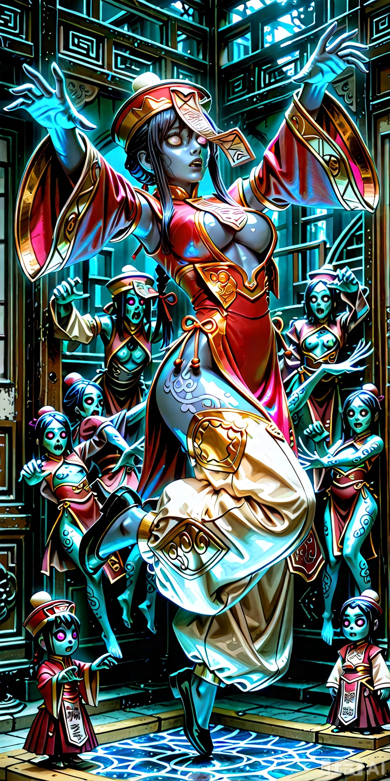 figure stand, figure, figure photo, masterpiece, high quality, best quality, highres, 8k, 1girl, 3d, realistic, lighting, vibrant, bright, caustics, contrast, bare foot.detailed,JIANGSHIMGE,,jiangshimge, jiangshi, undead, zombie,blue skin, colored skin, floating,midair, zombie pose,jiangshimge,jiangshi, undead, zombie, blue skin,colored skin, floating, midair,zombie pose,qing guanmao, hat,chinese clothes, red dress,wide sleeves,,long sleeves, detached sleeves,center opening, pelvic curtain,baggy pants, black footwear,hair ribbon, ofuda, chinese text,yin yang, talisman over face,,hyper detailed, (dynamic pose:1.4)