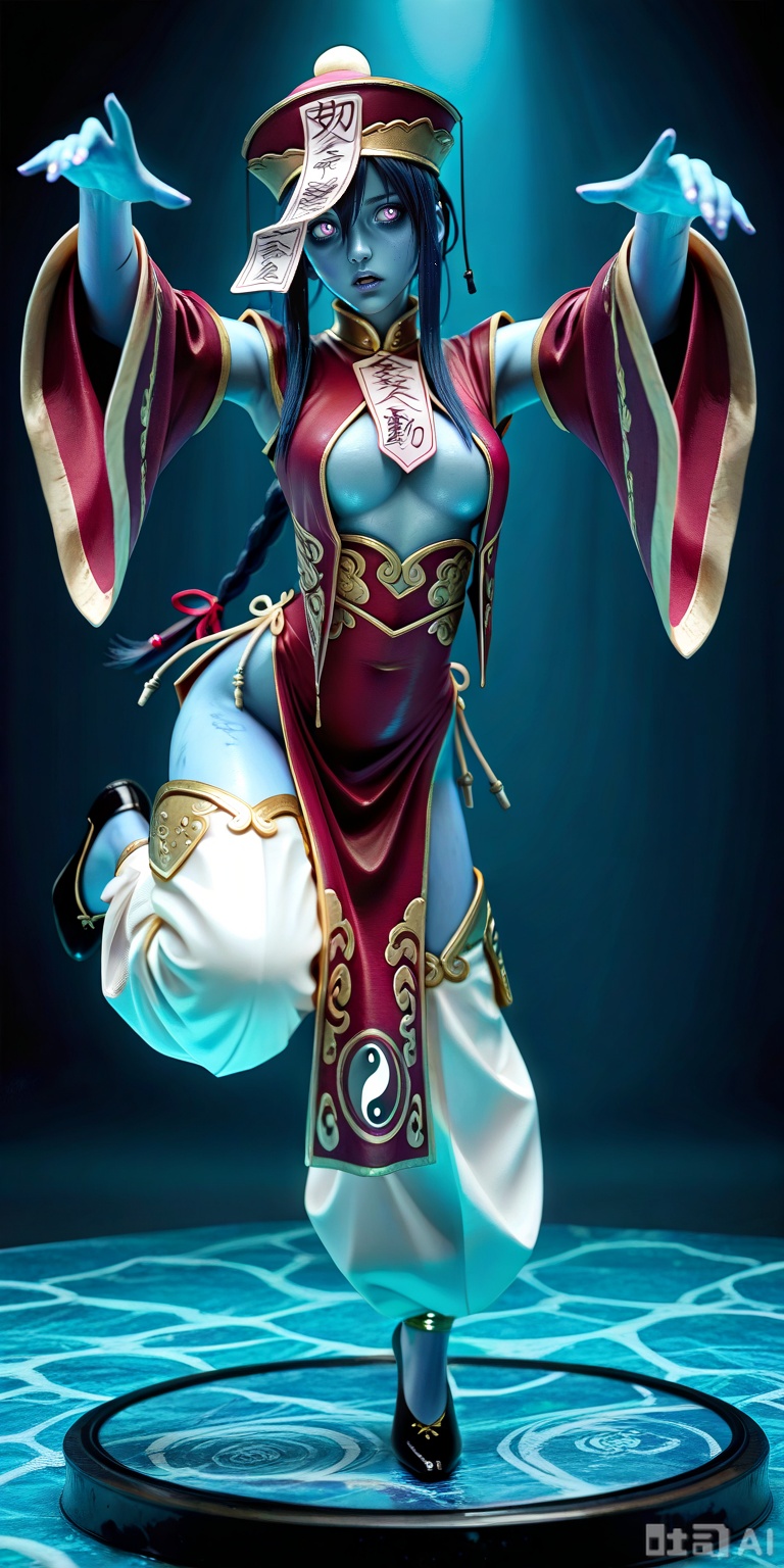 figure stand, figure, figure photo, masterpiece, high quality, best quality, highres, 8k, 1girl, 3d, realistic, lighting, vibrant, bright, caustics, contrast, detailed,JIANGSHIMGE,,jiangshimge, jiangshi, undead, zombie,blue skin, colored skin, floating,midair, zombie pose,jiangshimge,jiangshi, undead, zombie, blue skin,colored skin, floating, midair,zombie pose,qing guanmao, hat,chinese clothes, red dress,wide sleeves,,long sleeves, detached sleeves,center opening, pelvic curtain,baggy pants, black footwear,hair ribbon, ofuda, chinese text,yin yang, talisman over face,,hyper detailed, (dynamic pose:1.4)