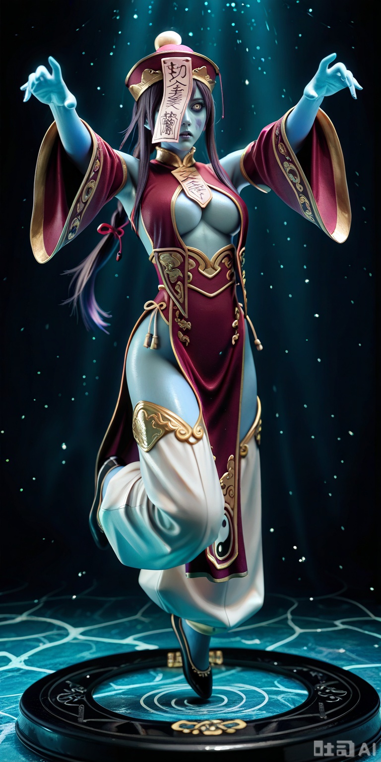 figure stand, figure, figure photo, masterpiece, high quality, best quality, highres, 8k, 1girl, 3d, realistic, lighting, vibrant, bright, caustics, contrast, detailed,JIANGSHIMGE,,jiangshimge, jiangshi, undead, zombie,blue skin, colored skin, floating,midair, zombie pose,jiangshimge,jiangshi, undead, zombie, blue skin,colored skin, floating, midair,zombie pose,qing guanmao, hat,chinese clothes, red dress,wide sleeves,,long sleeves, detached sleeves,center opening, pelvic curtain,baggy pants, black footwear,hair ribbon, ofuda, chinese text,yin yang, talisman over face,,hyper detailed, (dynamic pose:1.4)
